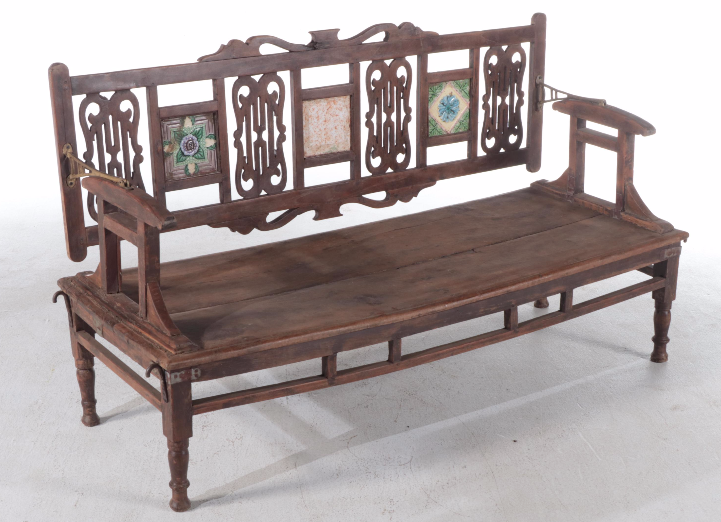 Anglo-Indian Teakwood and Ceramic Tile Bench