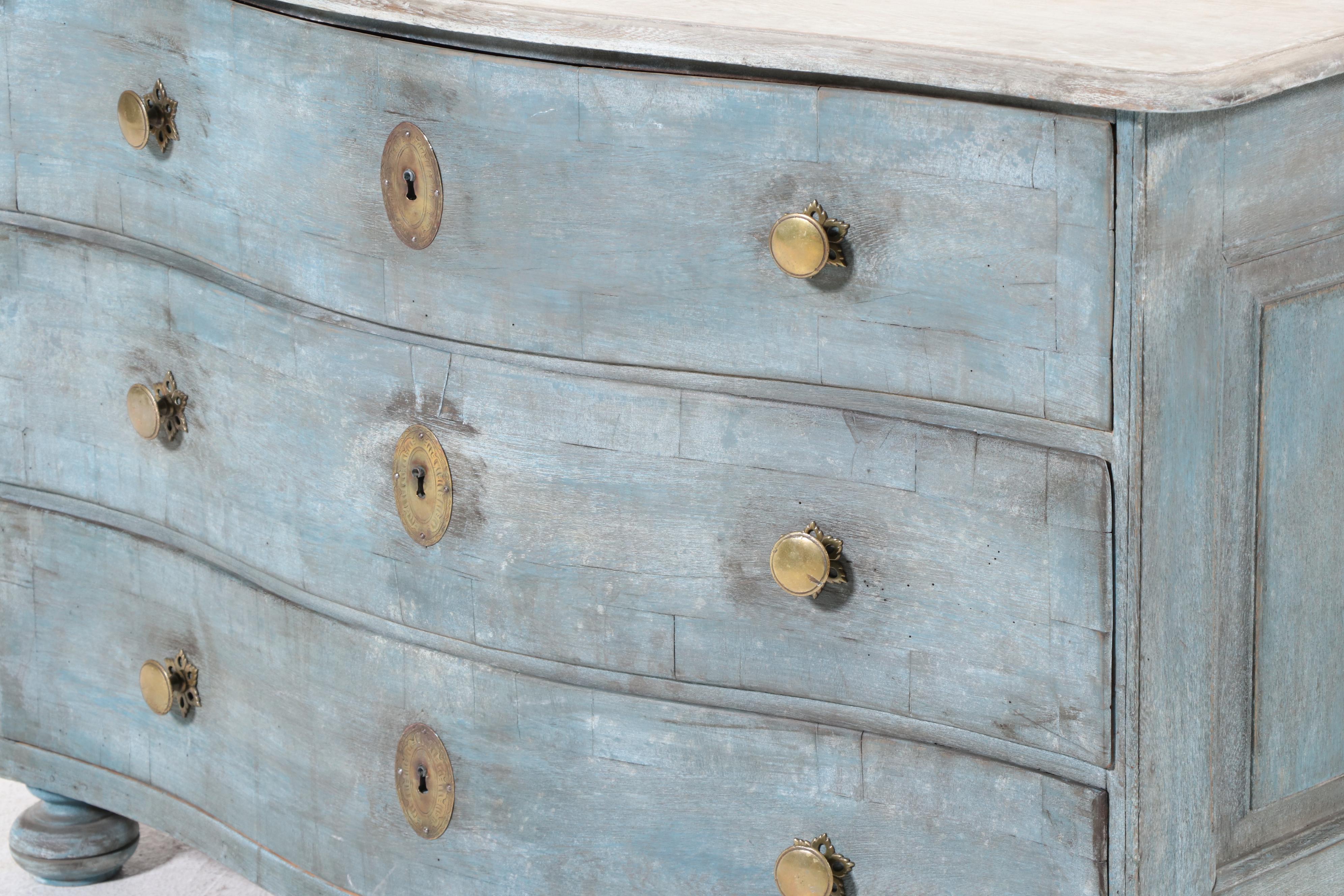 French Painted Oak Three-Drawer Bowfront Commode, 18th Century
