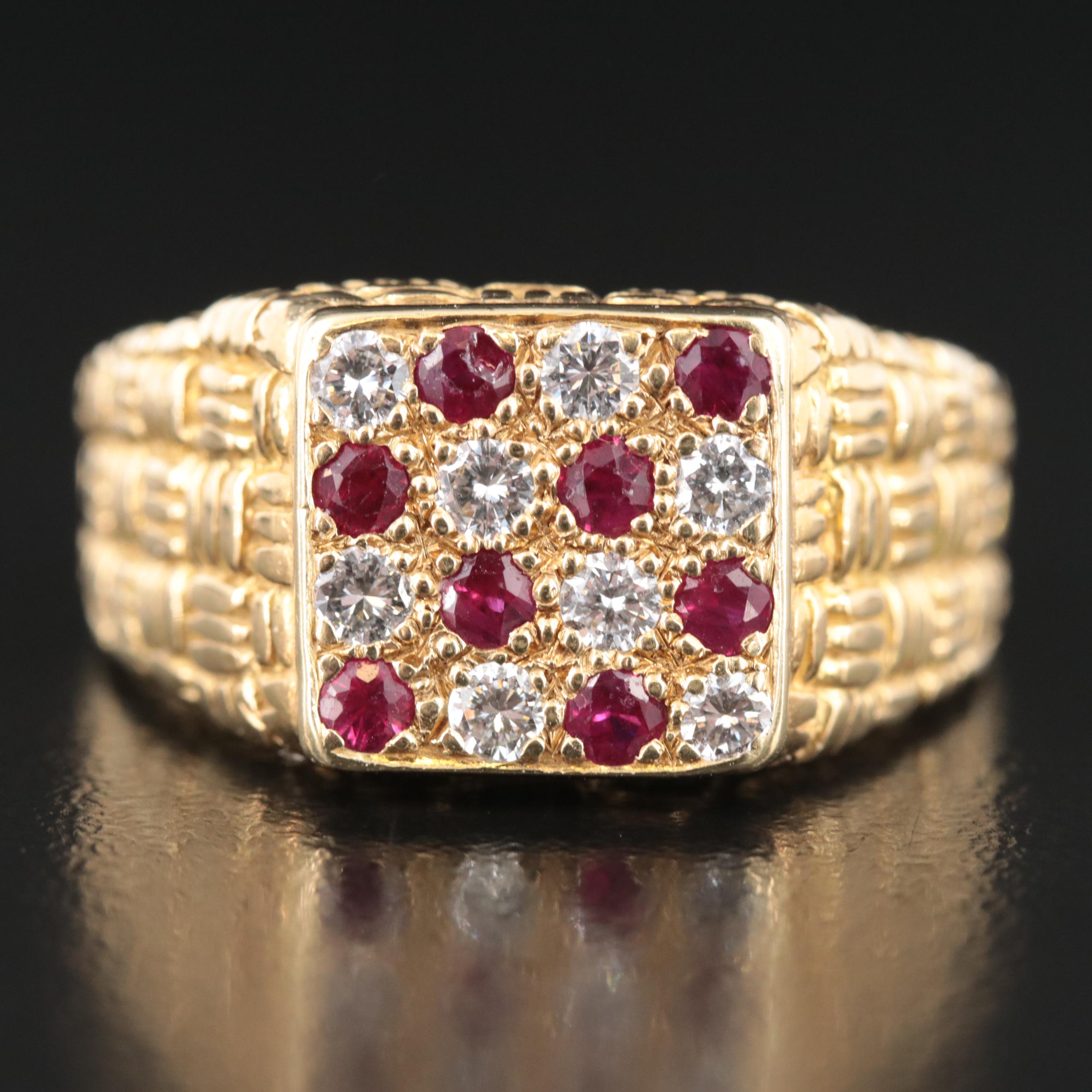 18K Ruby and Diamond Basket Weave Ring