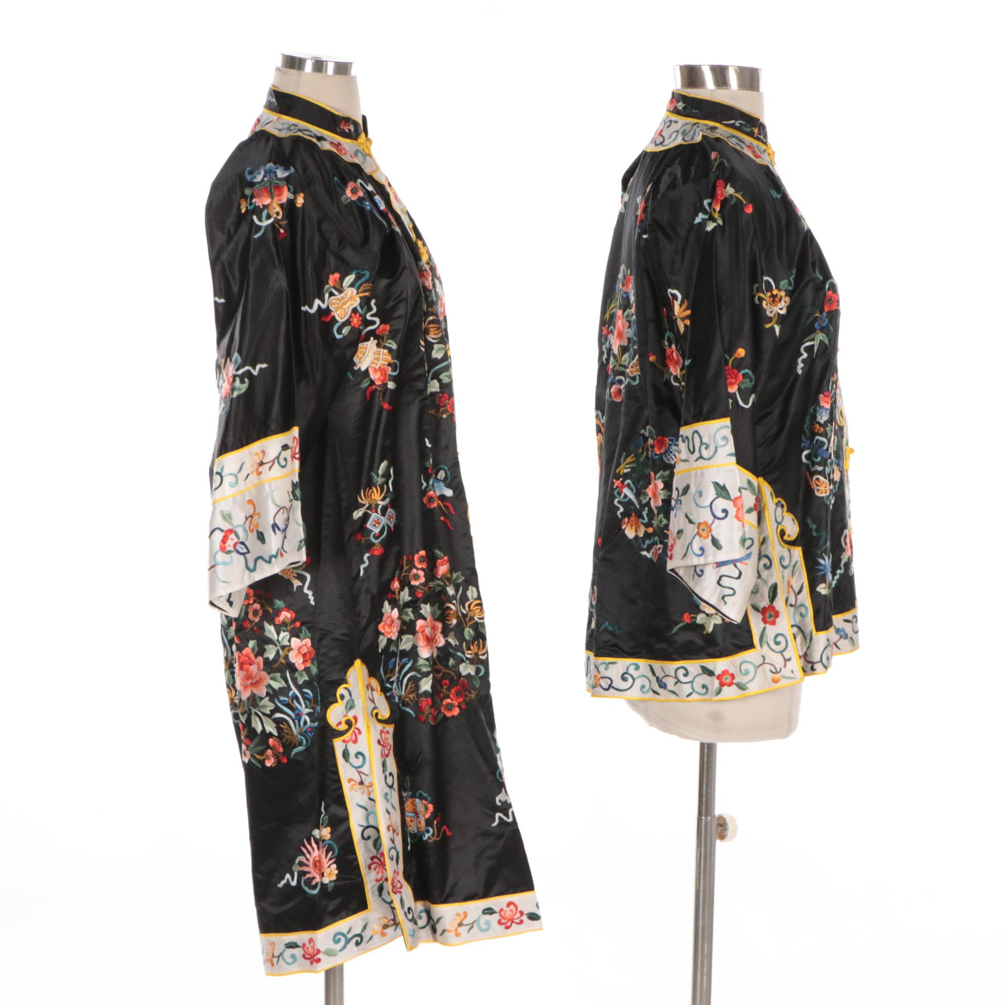 Chinese Embroidered Robe and Short Jacket Depicting Peony and Daoist Symbols