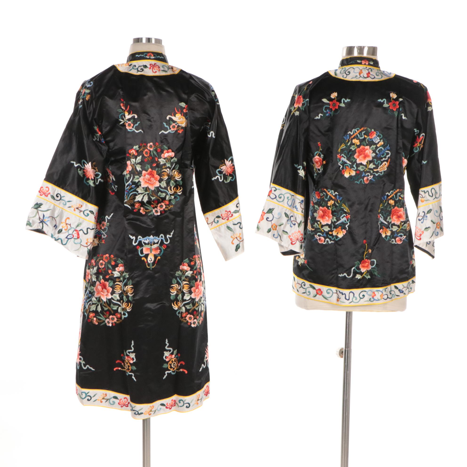 Chinese Embroidered Robe and Short Jacket Depicting Peony and Daoist Symbols