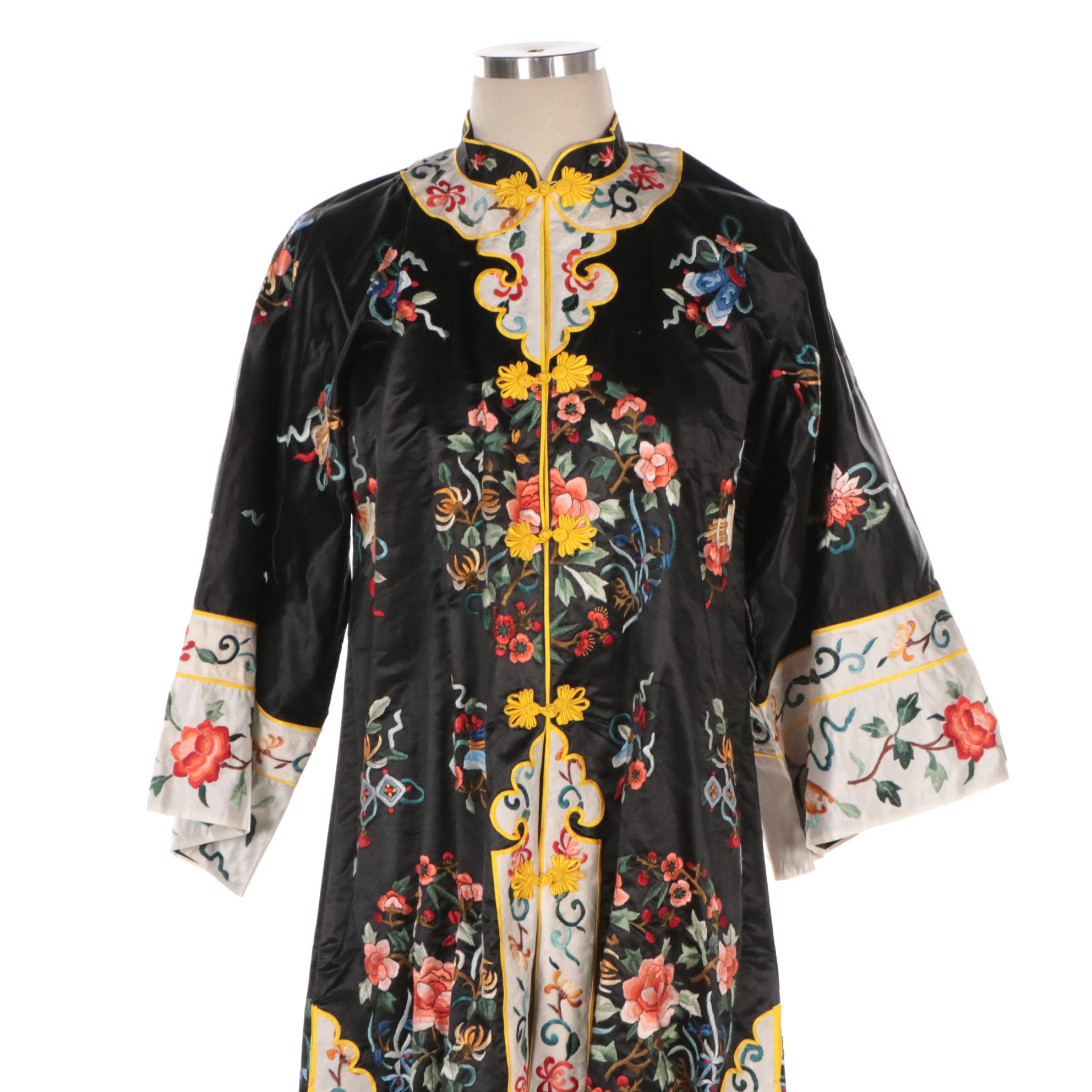 Chinese Embroidered Robe and Short Jacket Depicting Peony and Daoist Symbols