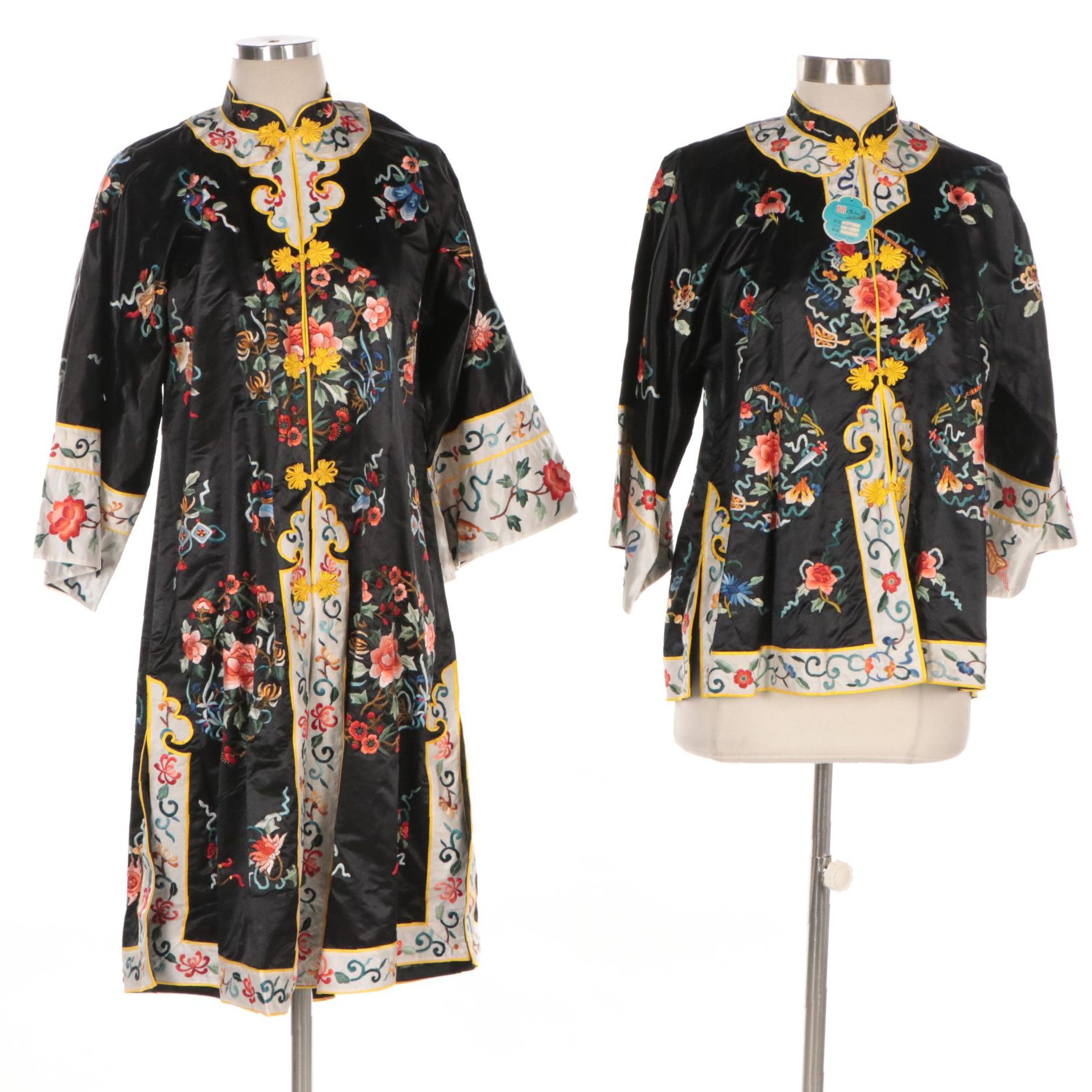 Chinese Embroidered Robe and Short Jacket Depicting Peony and Daoist Symbols