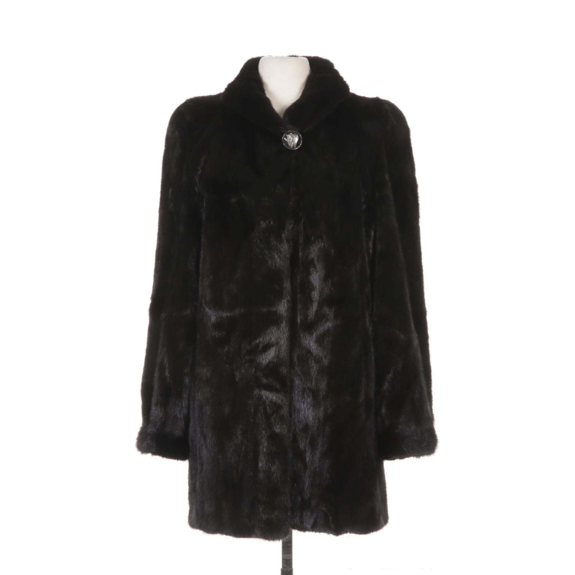 Dyed Black Mink Car Coat With Decorative Button Closure