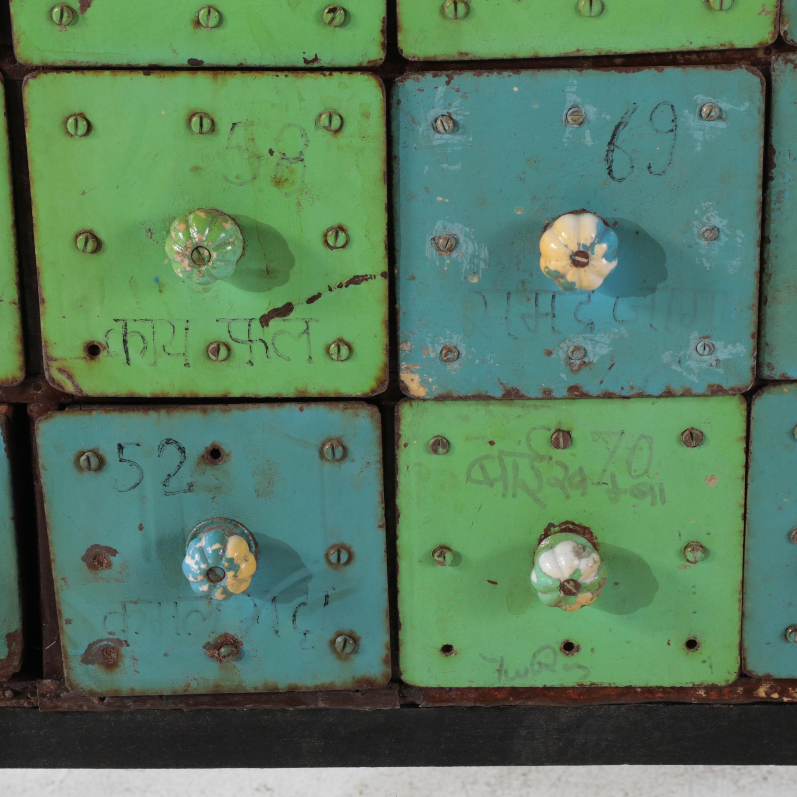 Indian Industrial Painted Metal Sorting Chest-on-Stand