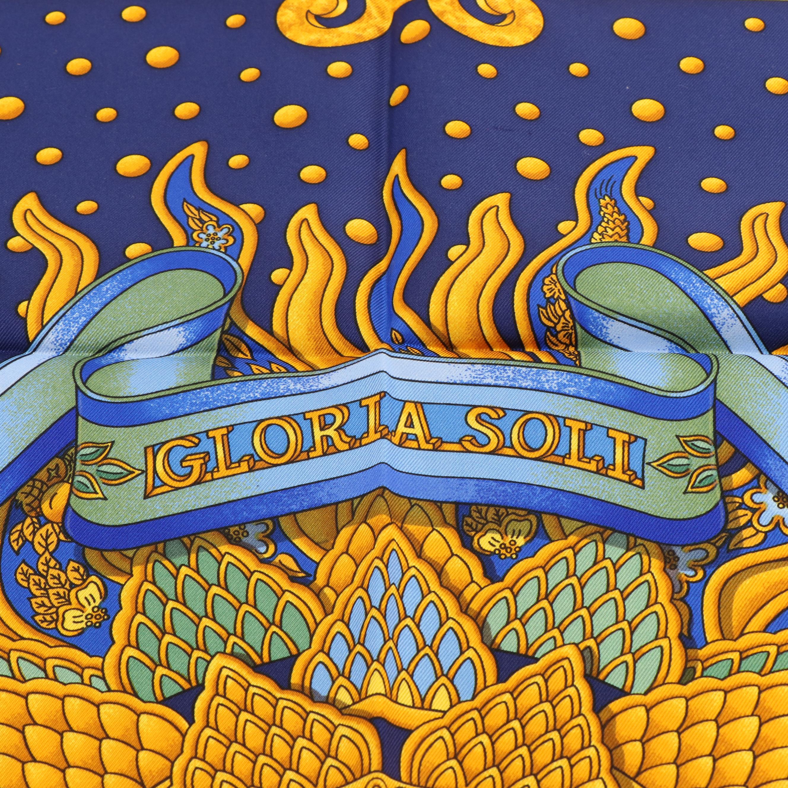 Hermès "Carpe Diem" Blue and Gold Silk Scarf