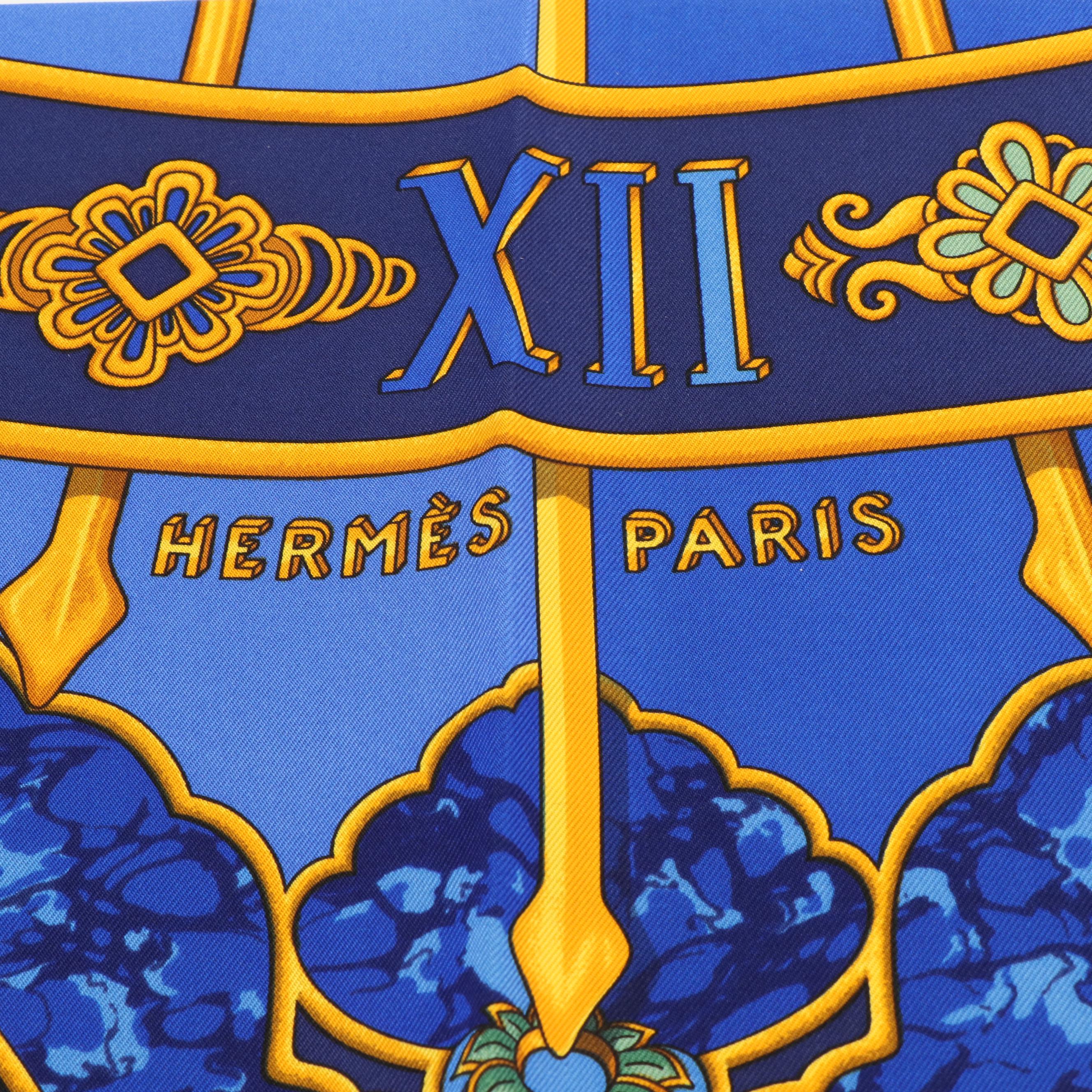 Hermès "Carpe Diem" Blue and Gold Silk Scarf
