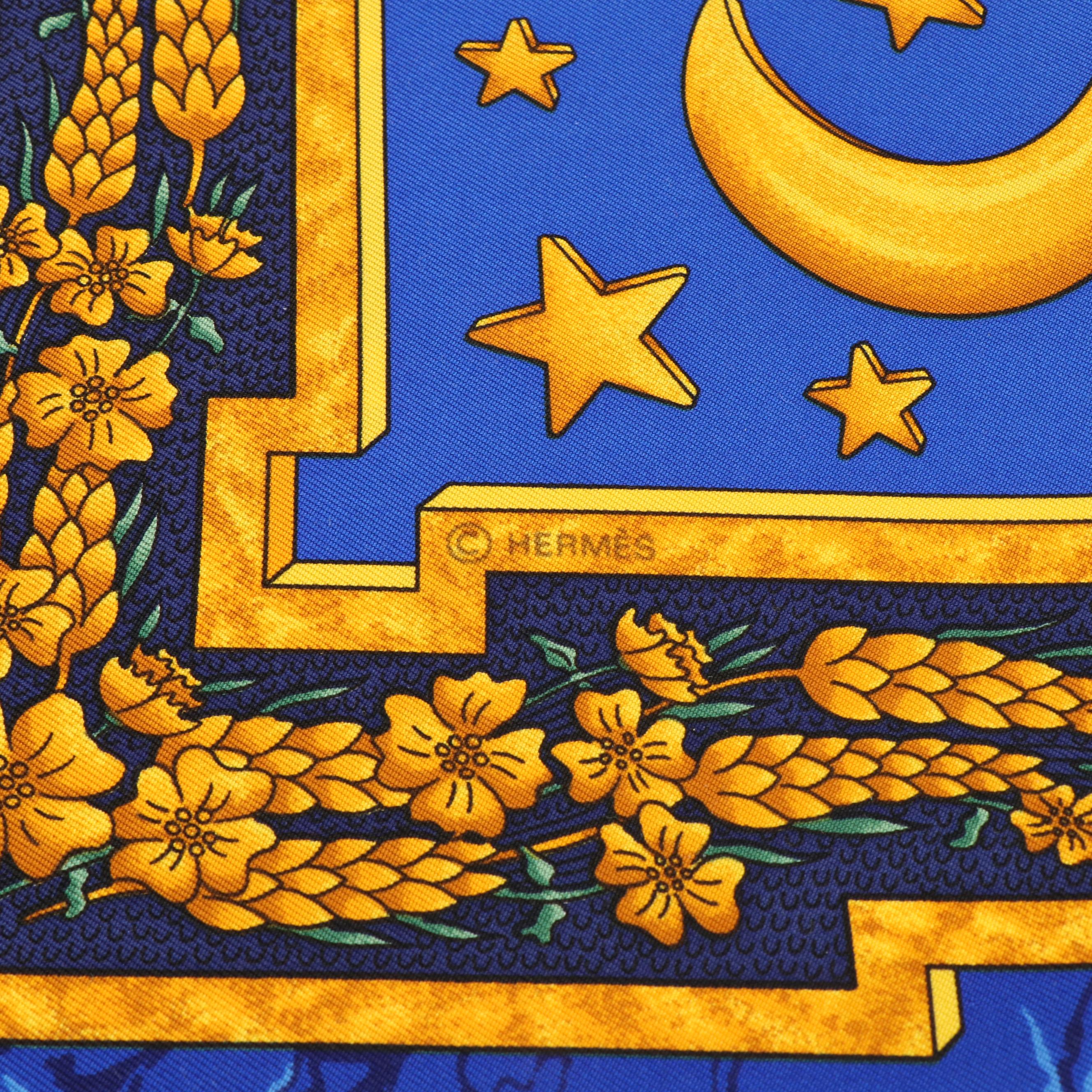 Hermès "Carpe Diem" Blue and Gold Silk Scarf