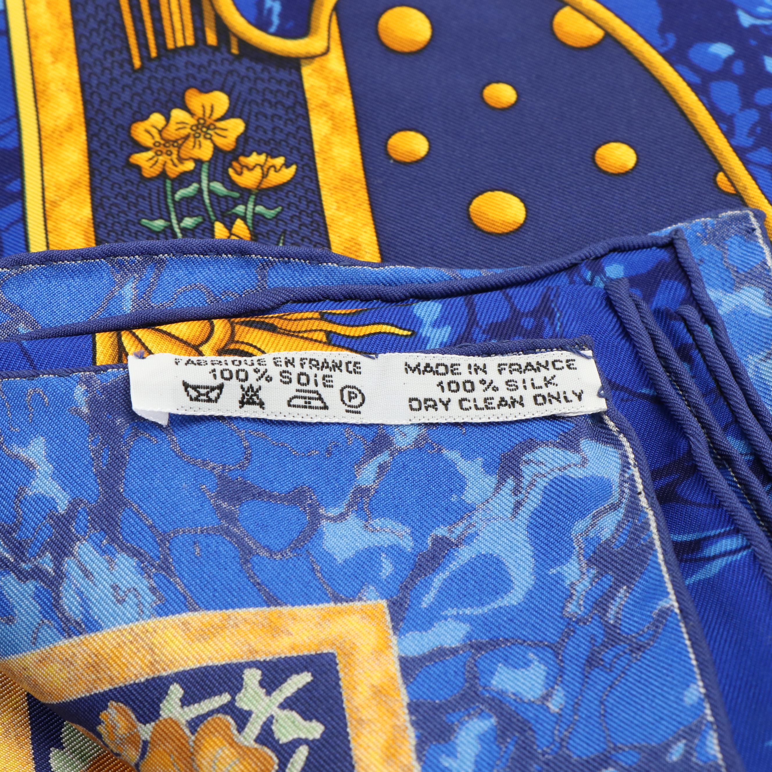 Hermès "Carpe Diem" Blue and Gold Silk Scarf