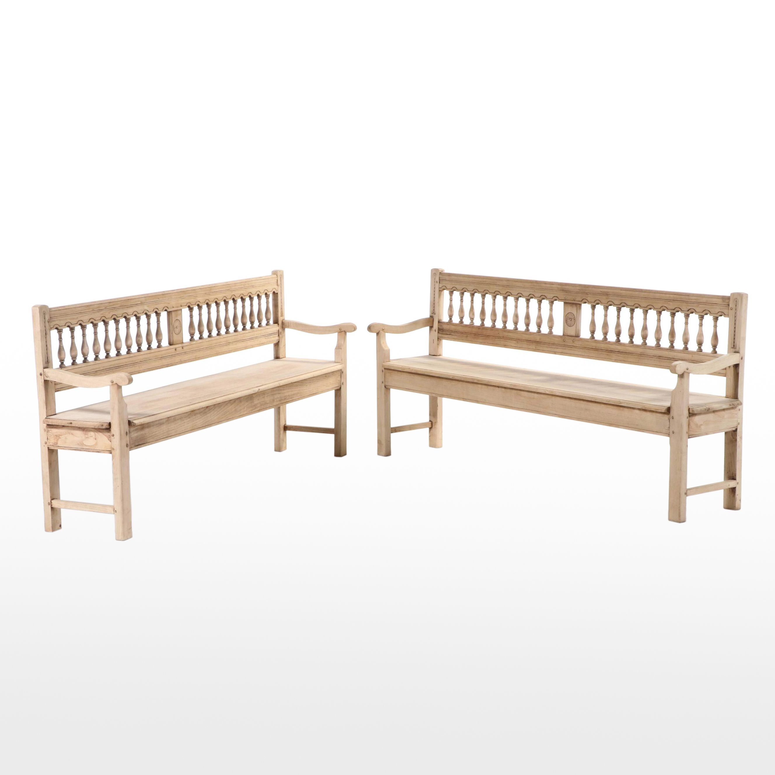 Pair of French Bleached Oak Colonnade-Back Benches, Late 19th Century