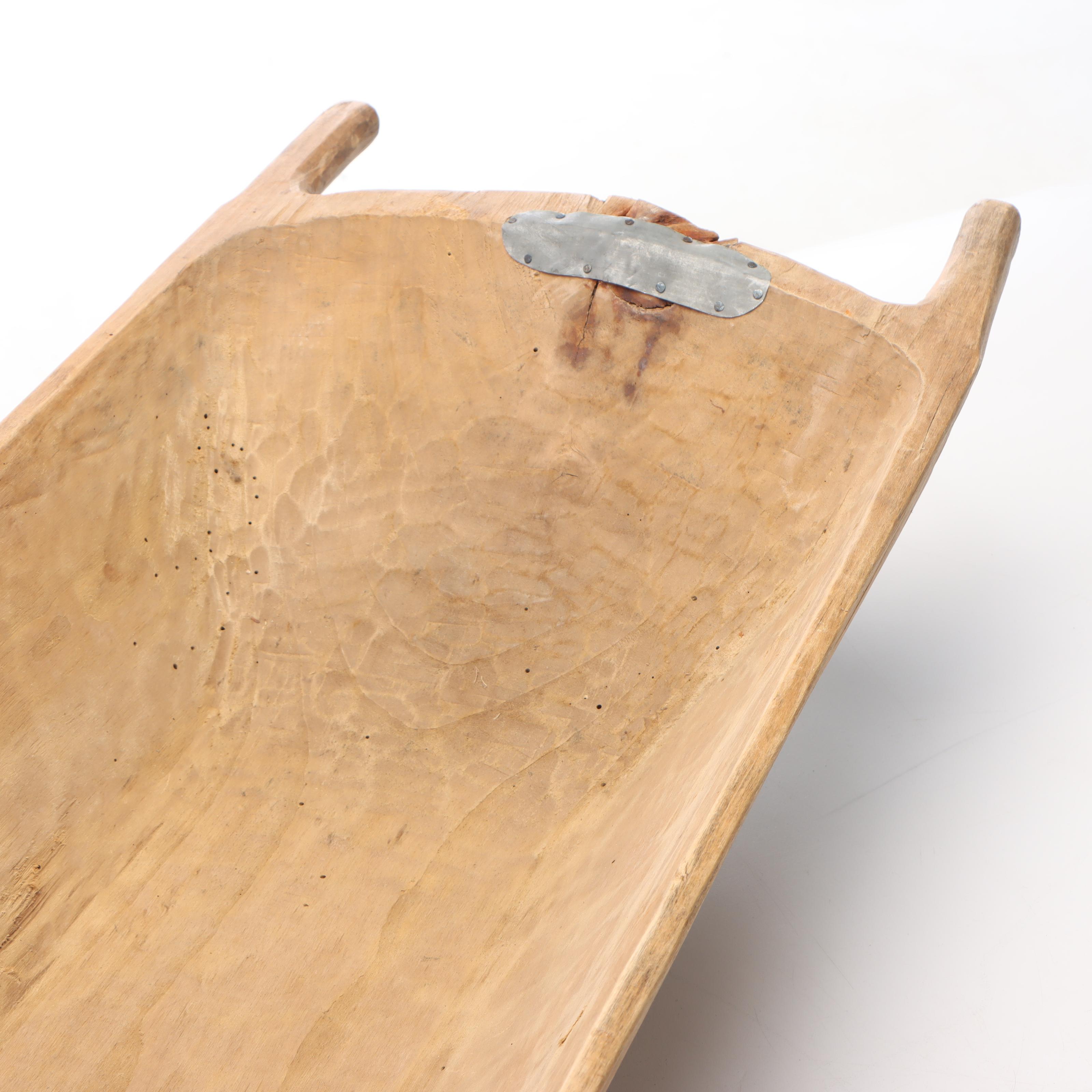 Primitive Carved Wood Dough Bowl with Metal Patches
