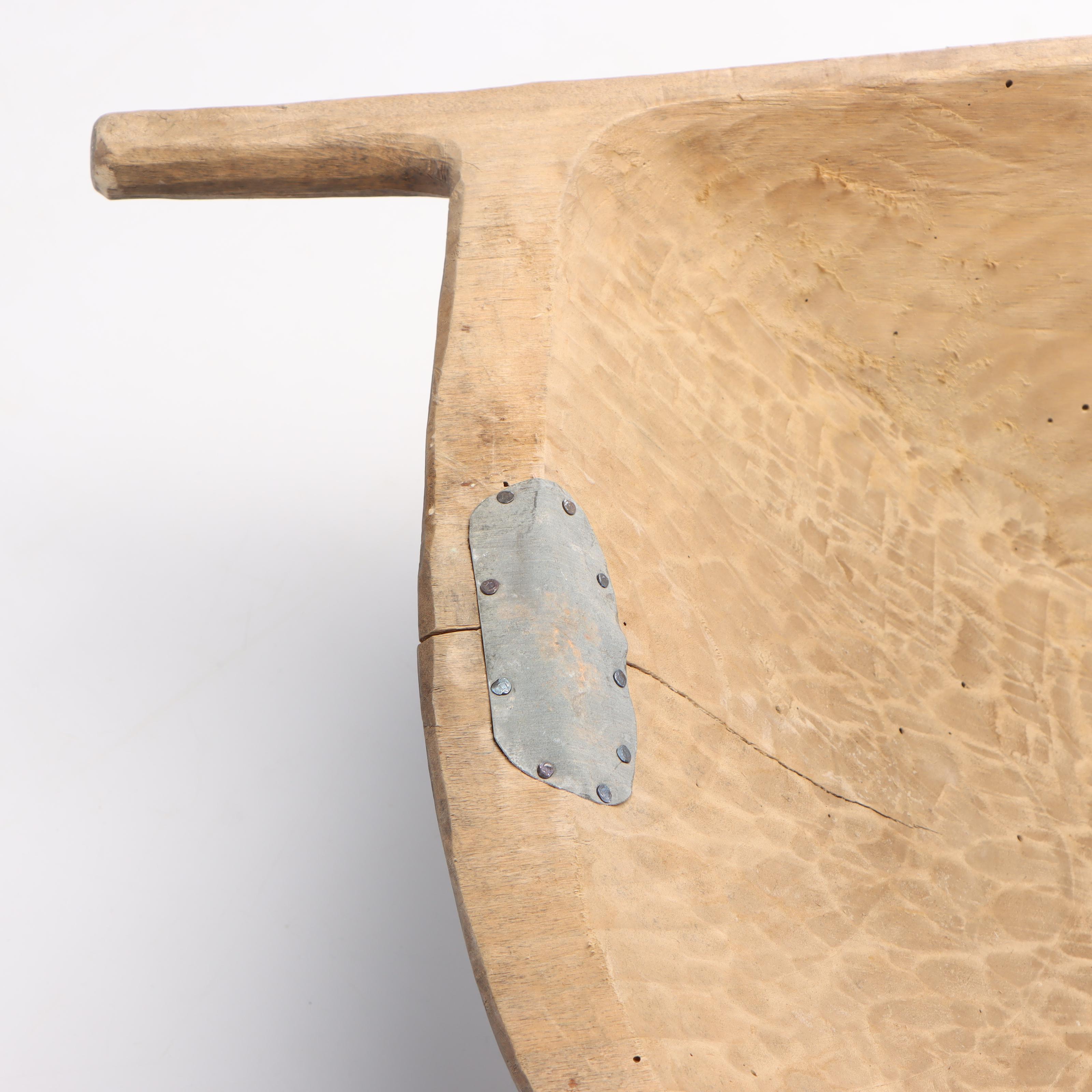 Primitive Carved Wood Dough Bowl with Metal Patches