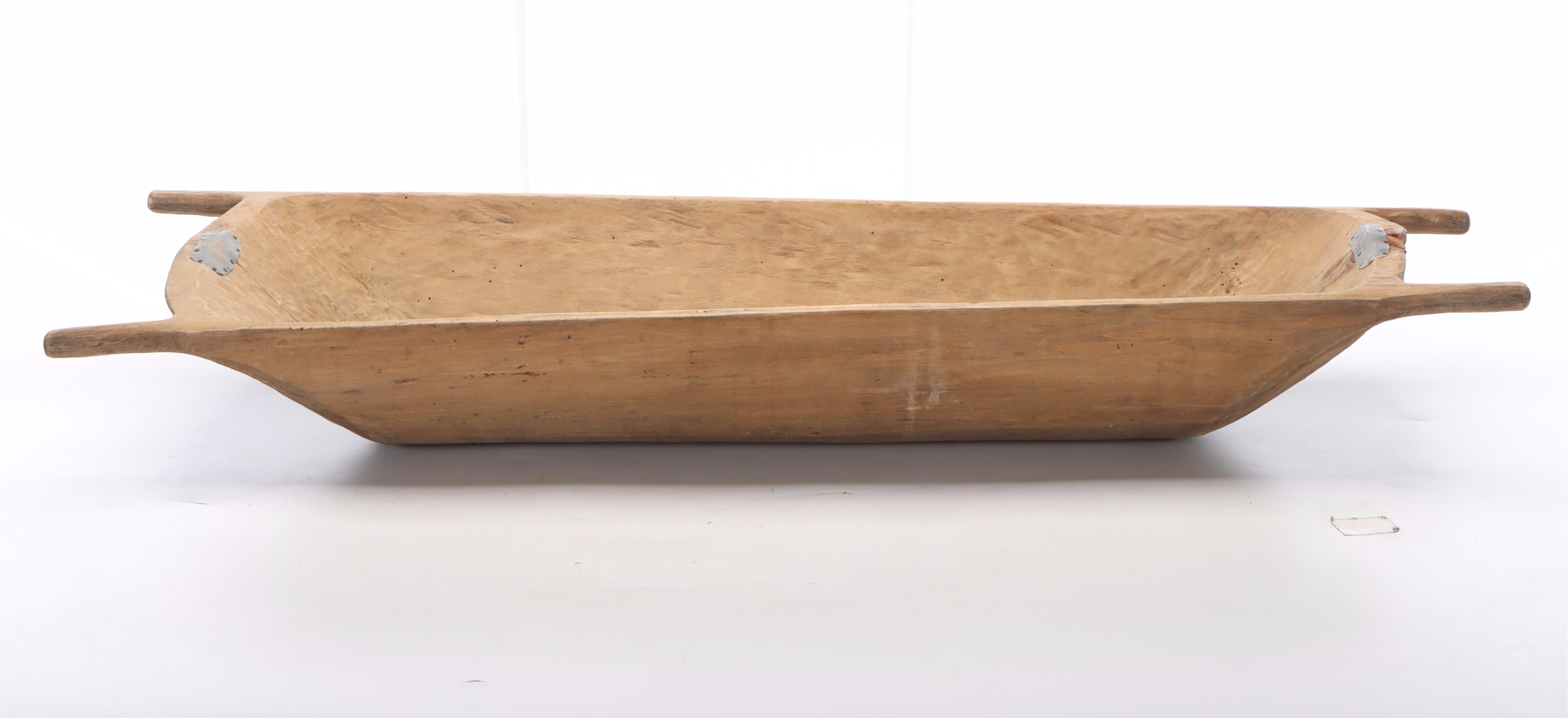 Primitive Carved Wood Dough Bowl with Metal Patches