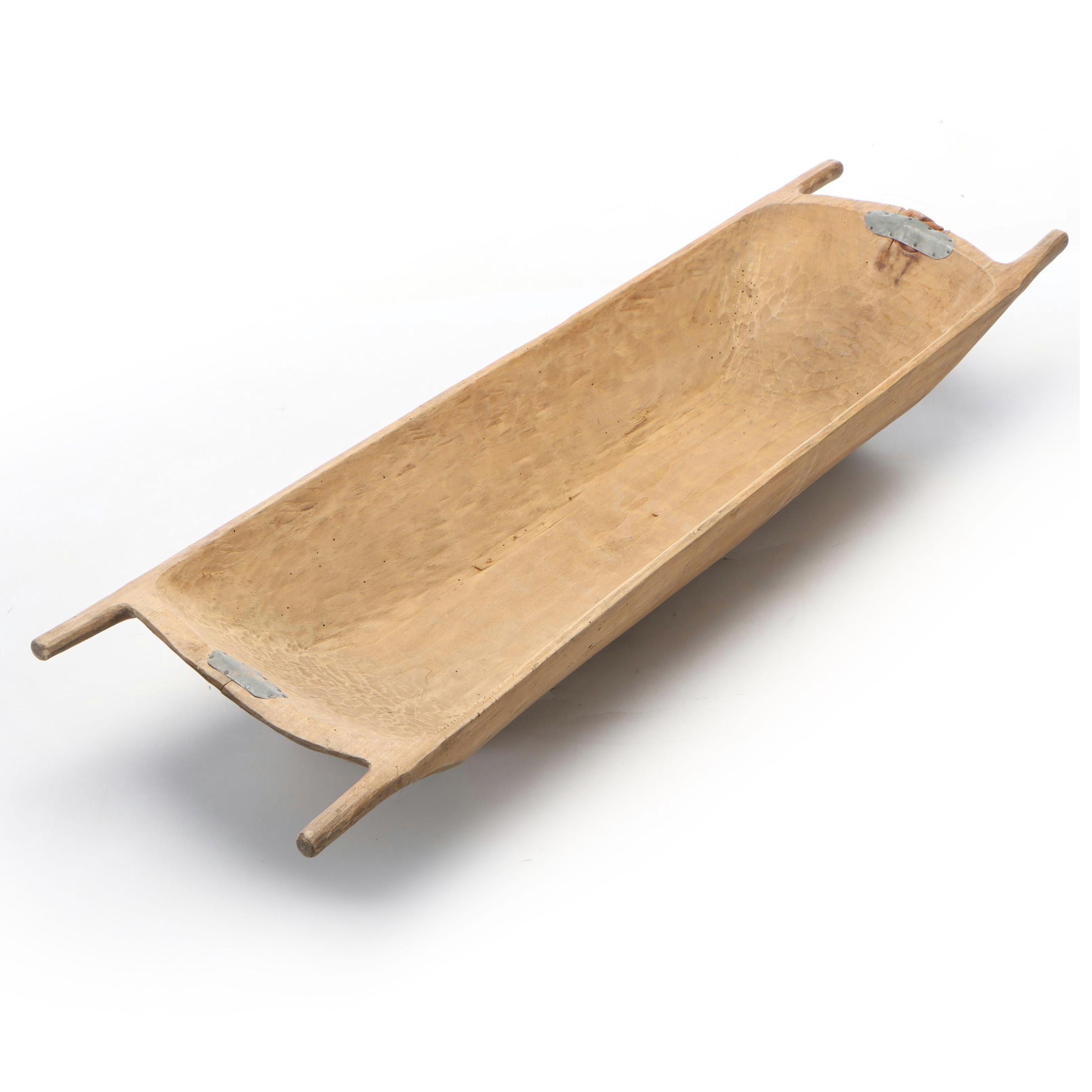 Primitive Carved Wood Dough Bowl with Metal Patches