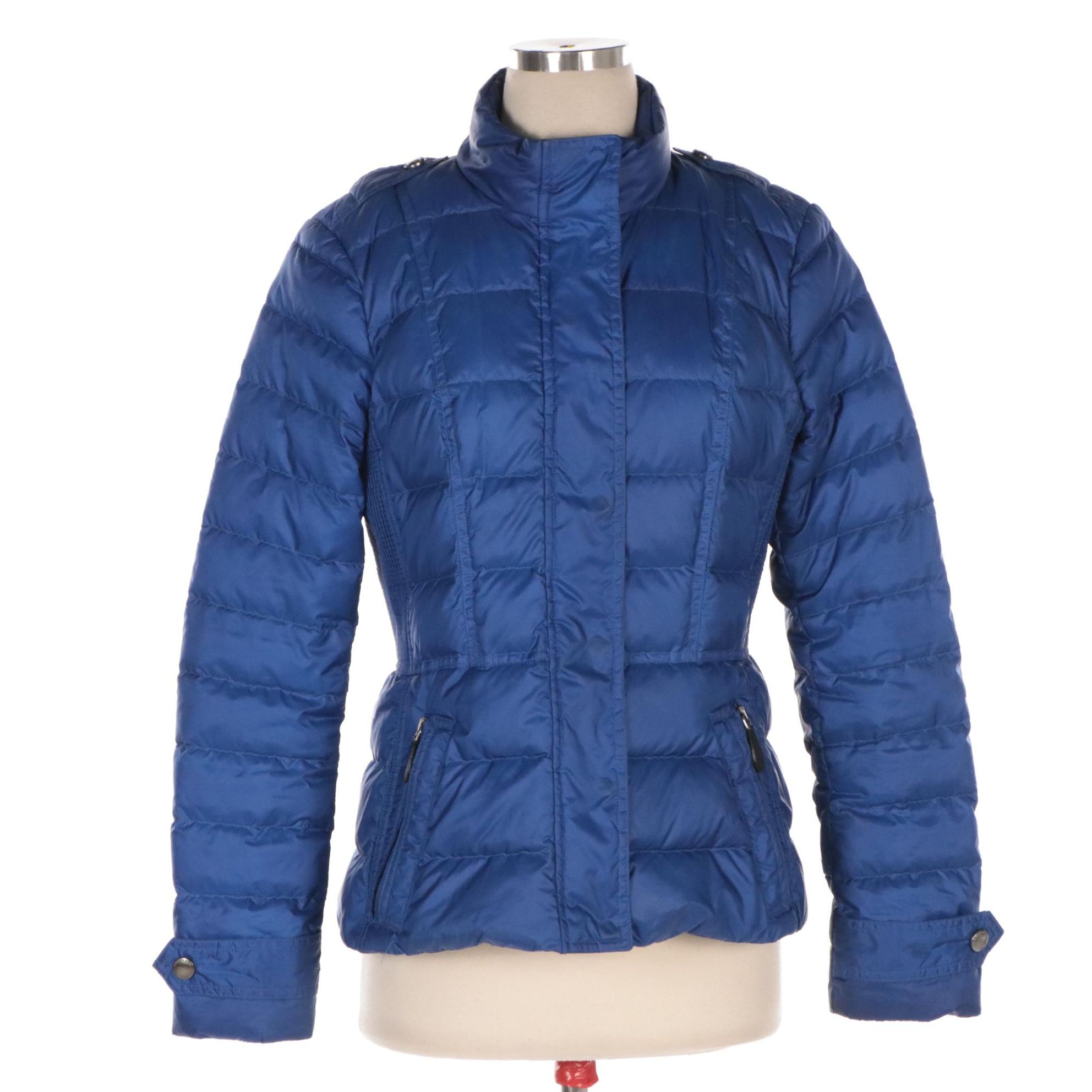 Burberry Brit Blue Quilted Down Puffer Zip and Snap-Front Jacket