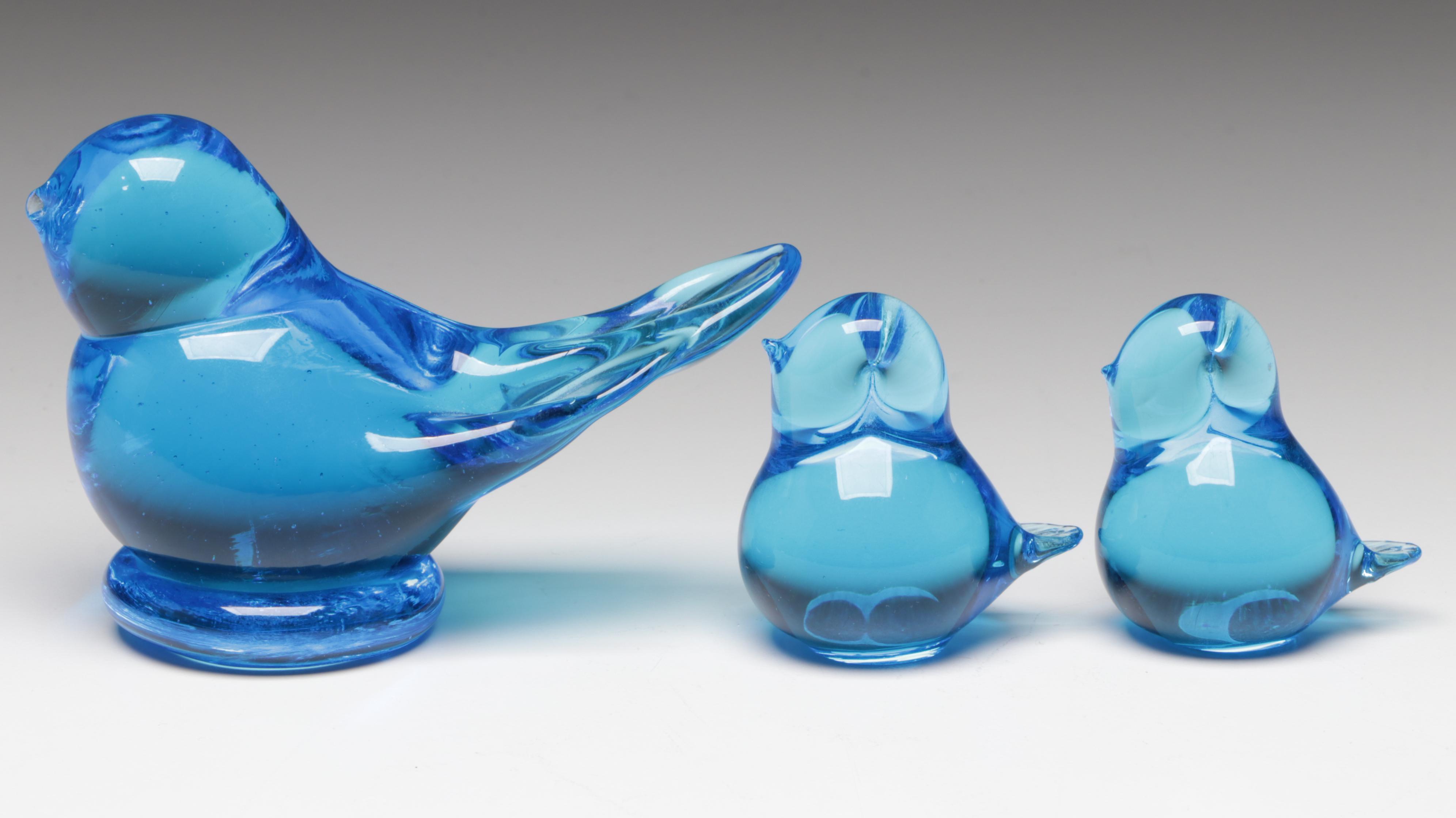 Leo Ward Cobalt Glass Bird with Swedish Glass Chick Figurines