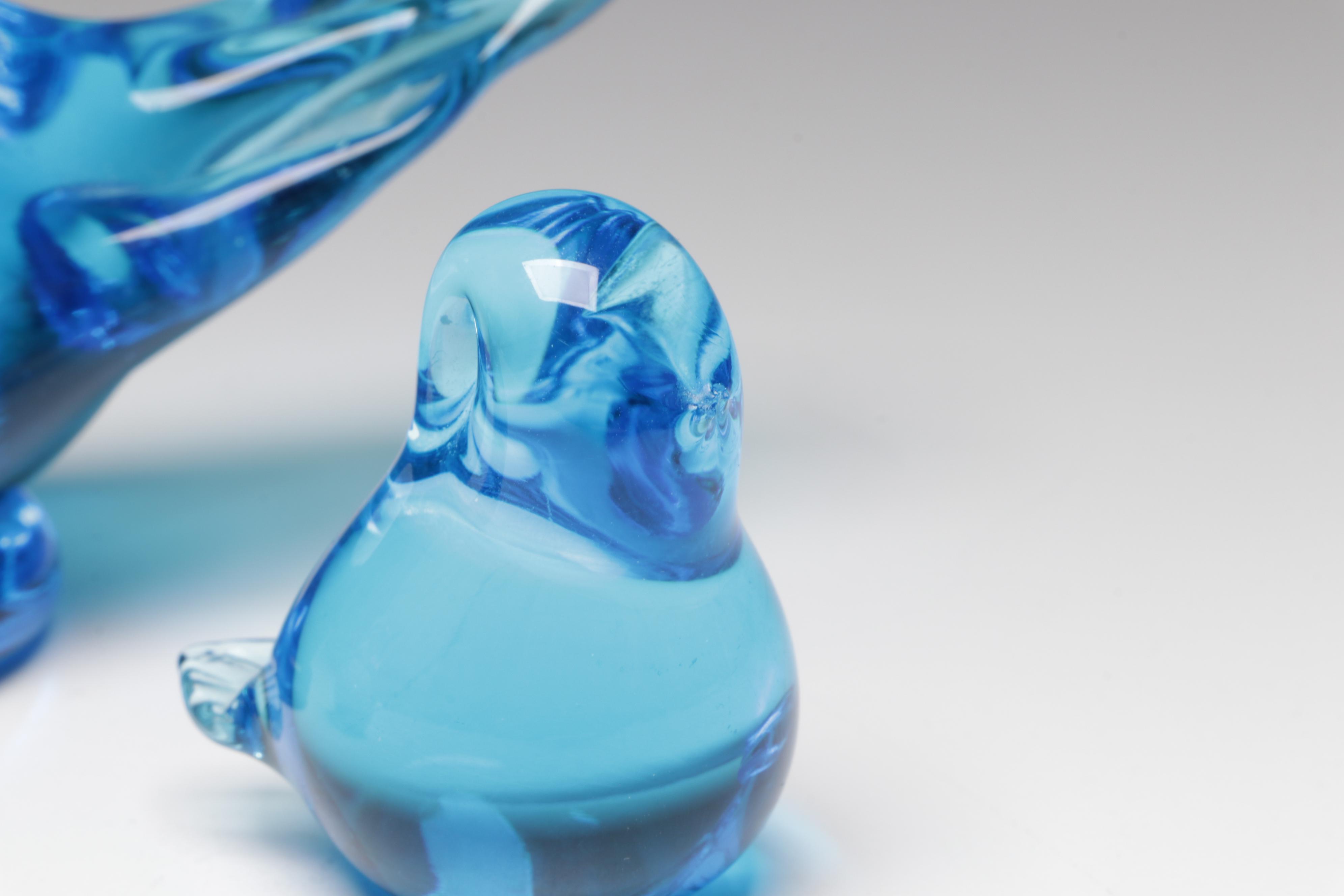 Leo Ward Cobalt Glass Bird with Swedish Glass Chick Figurines