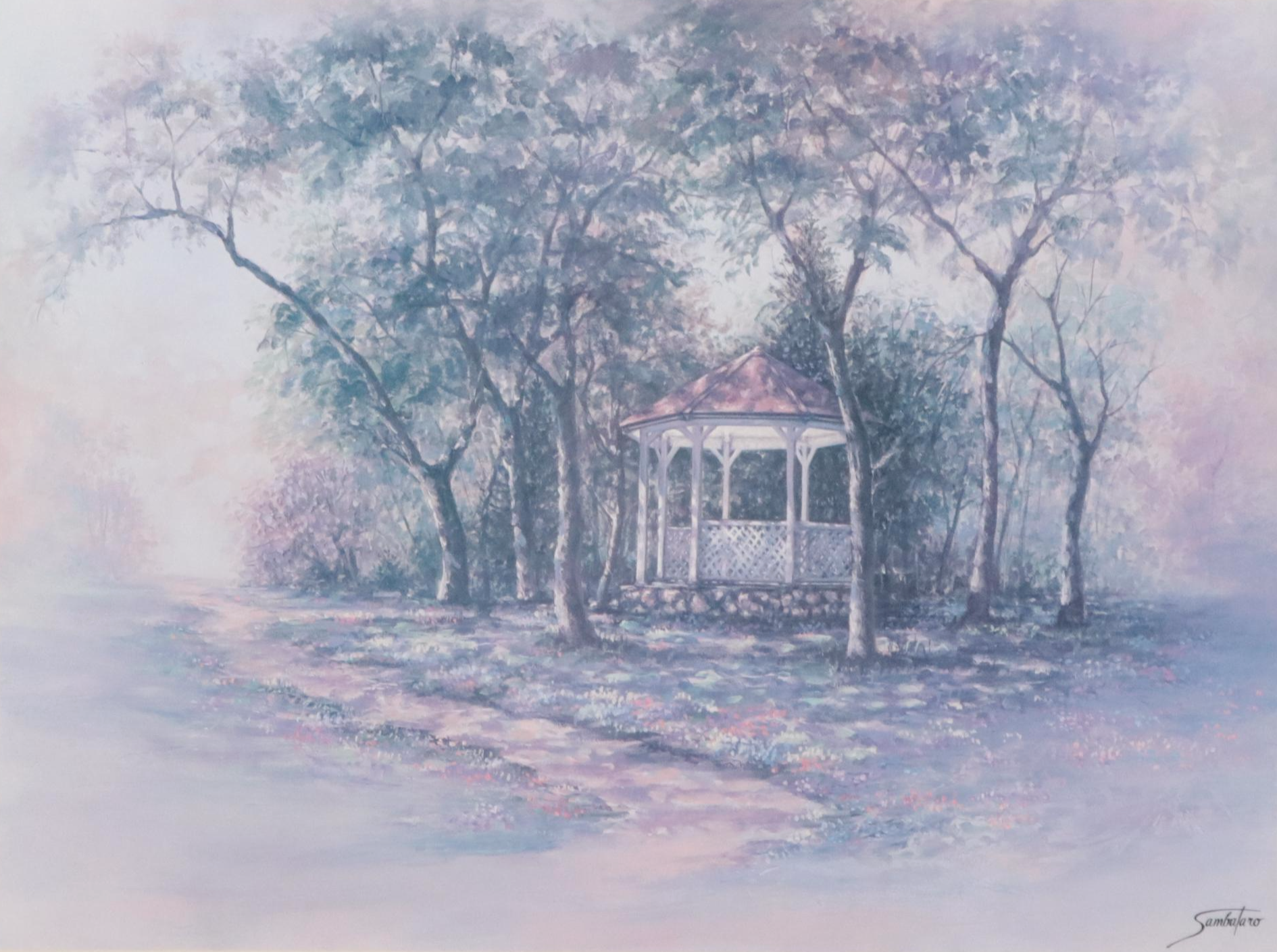 Offset Lithograph After Joe Sambataro of Park Landscape with Gazebo