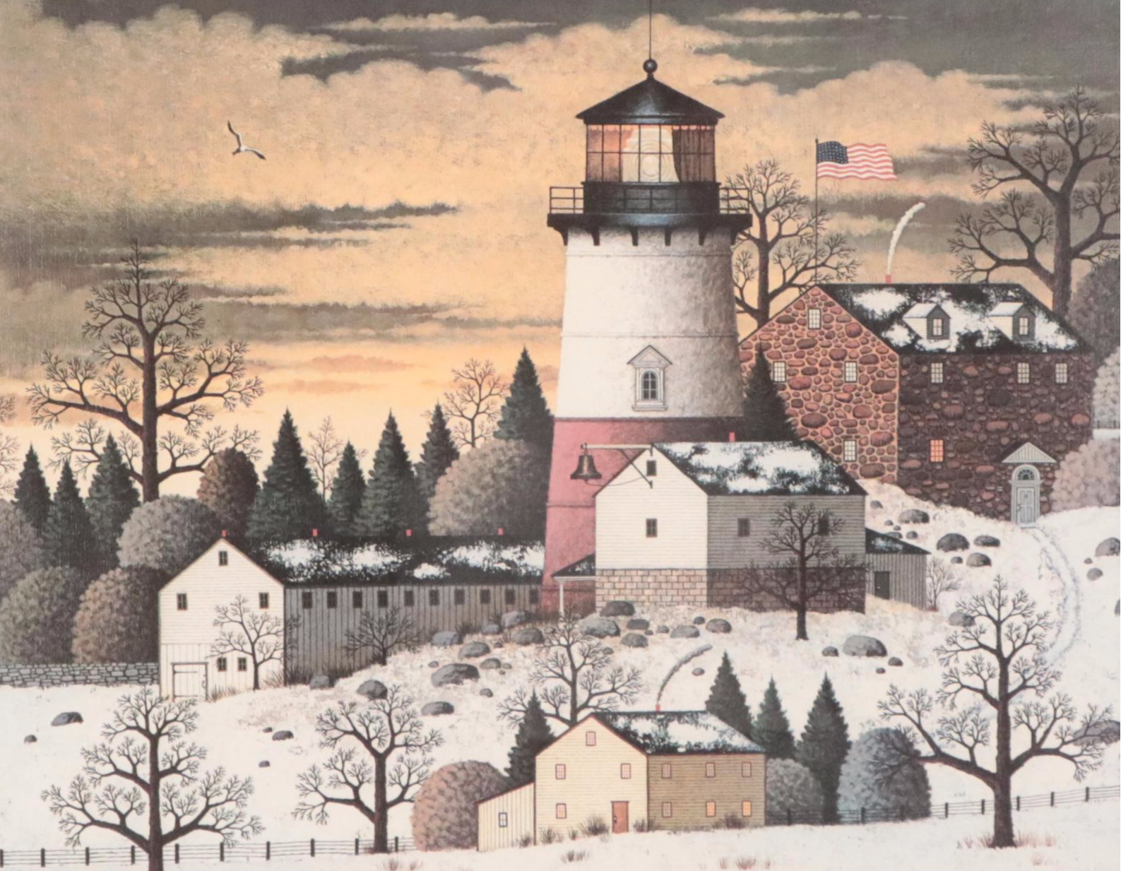 Offset Lithograph After Charles Wysocki of Lighthouse Winter Scene