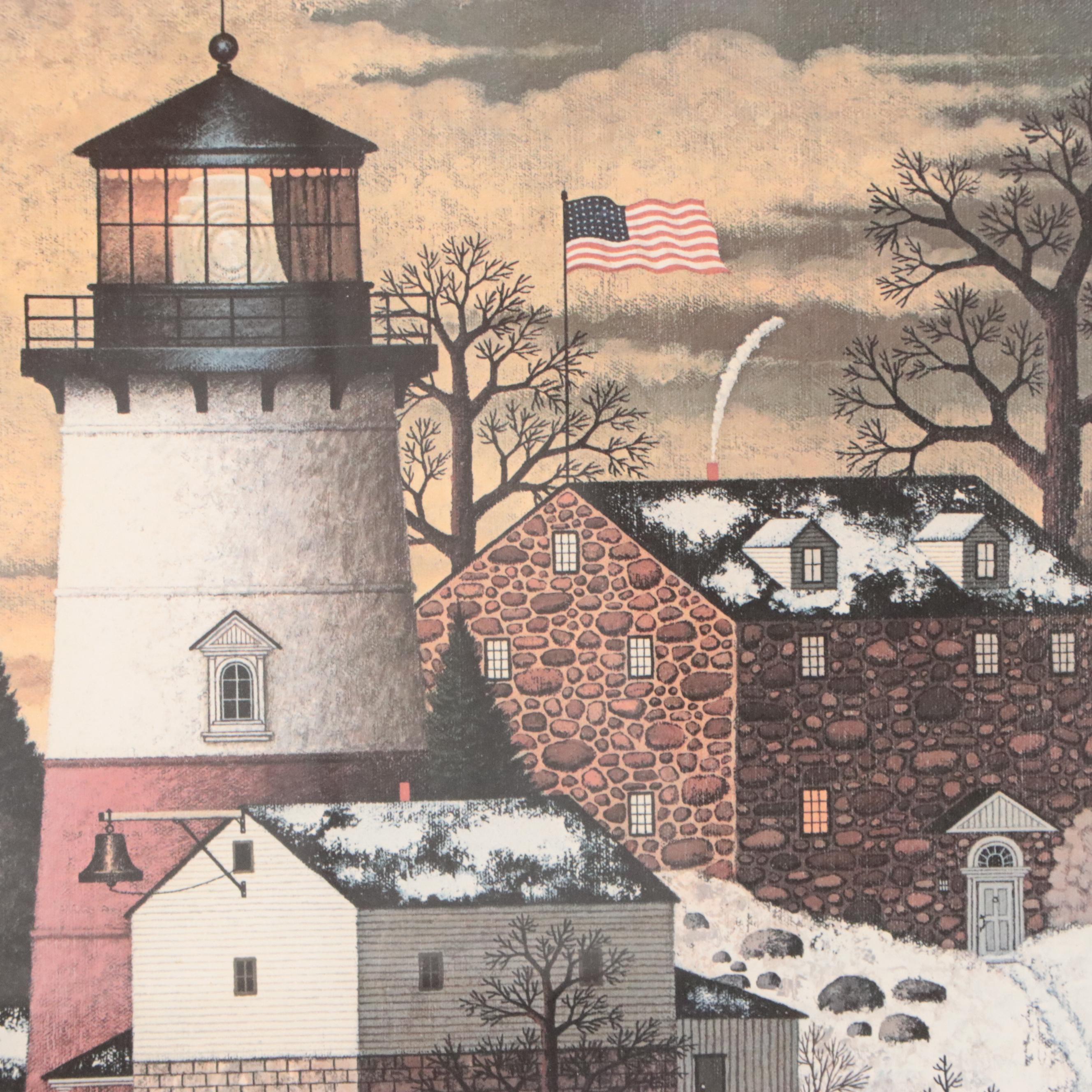 Offset Lithograph After Charles Wysocki of Lighthouse Winter Scene