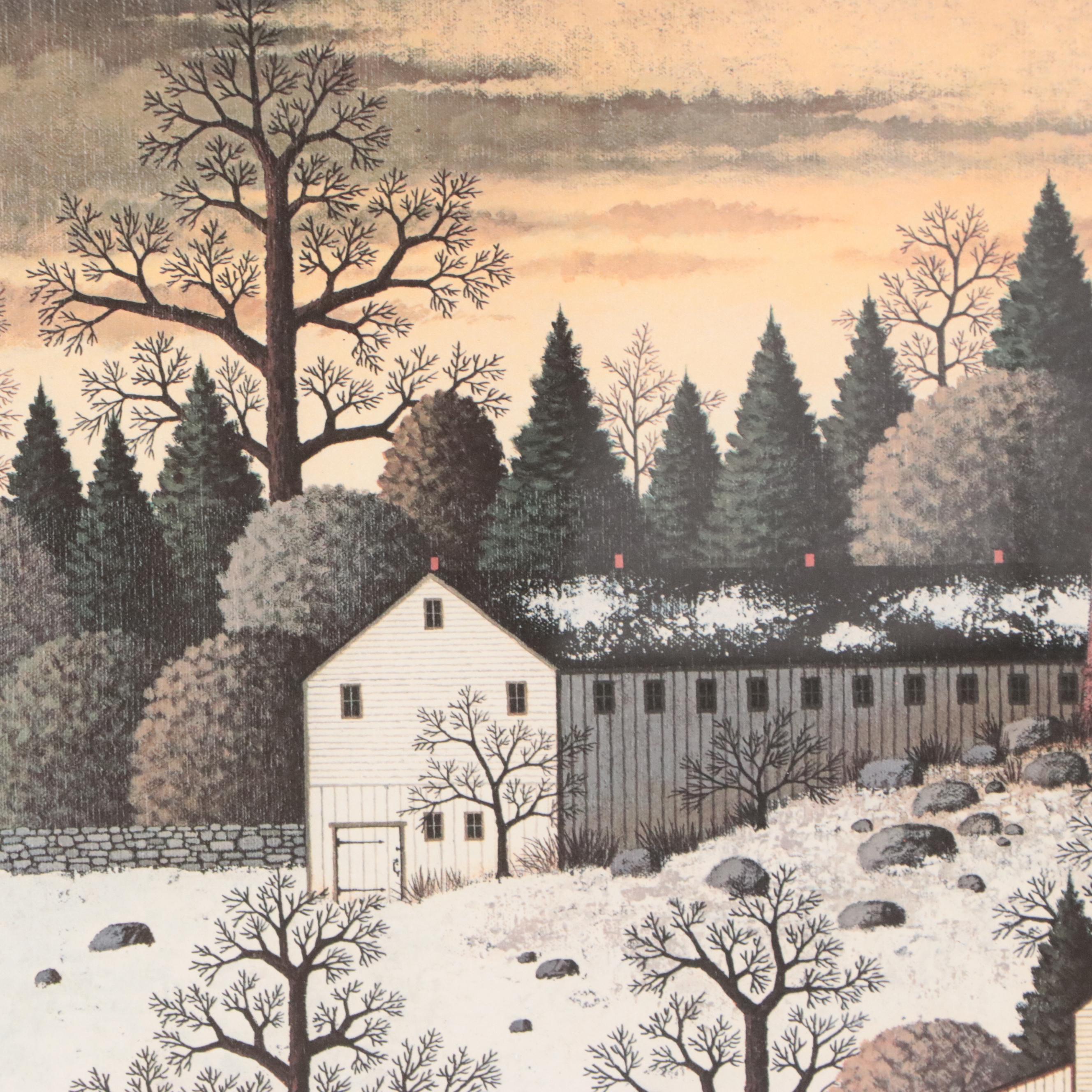 Offset Lithograph After Charles Wysocki of Lighthouse Winter Scene