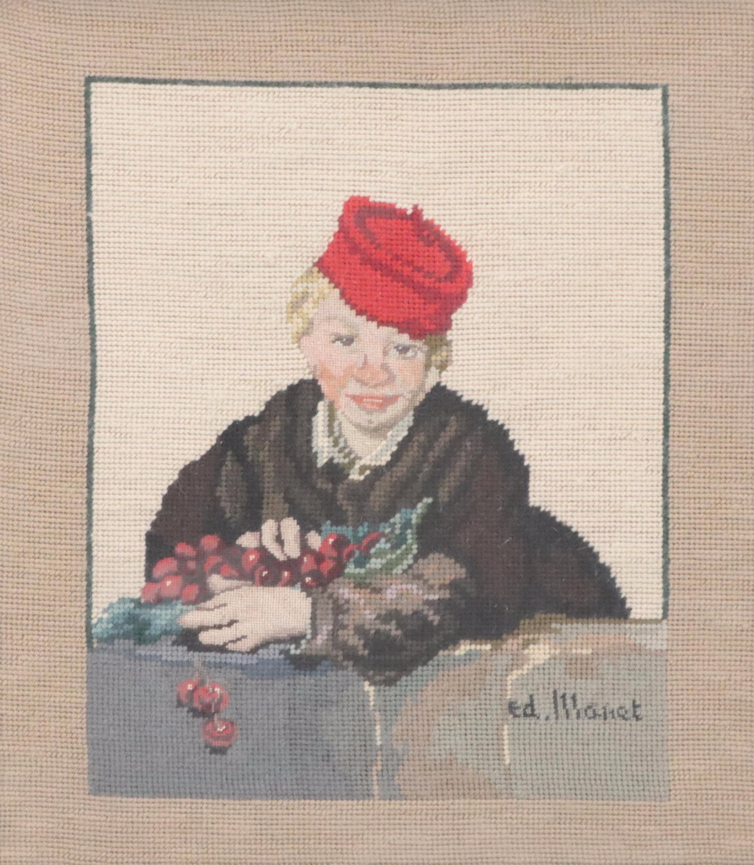 Needlepoint Wall Hanging After Édouard Manet "Manet's Boy with Cherries"