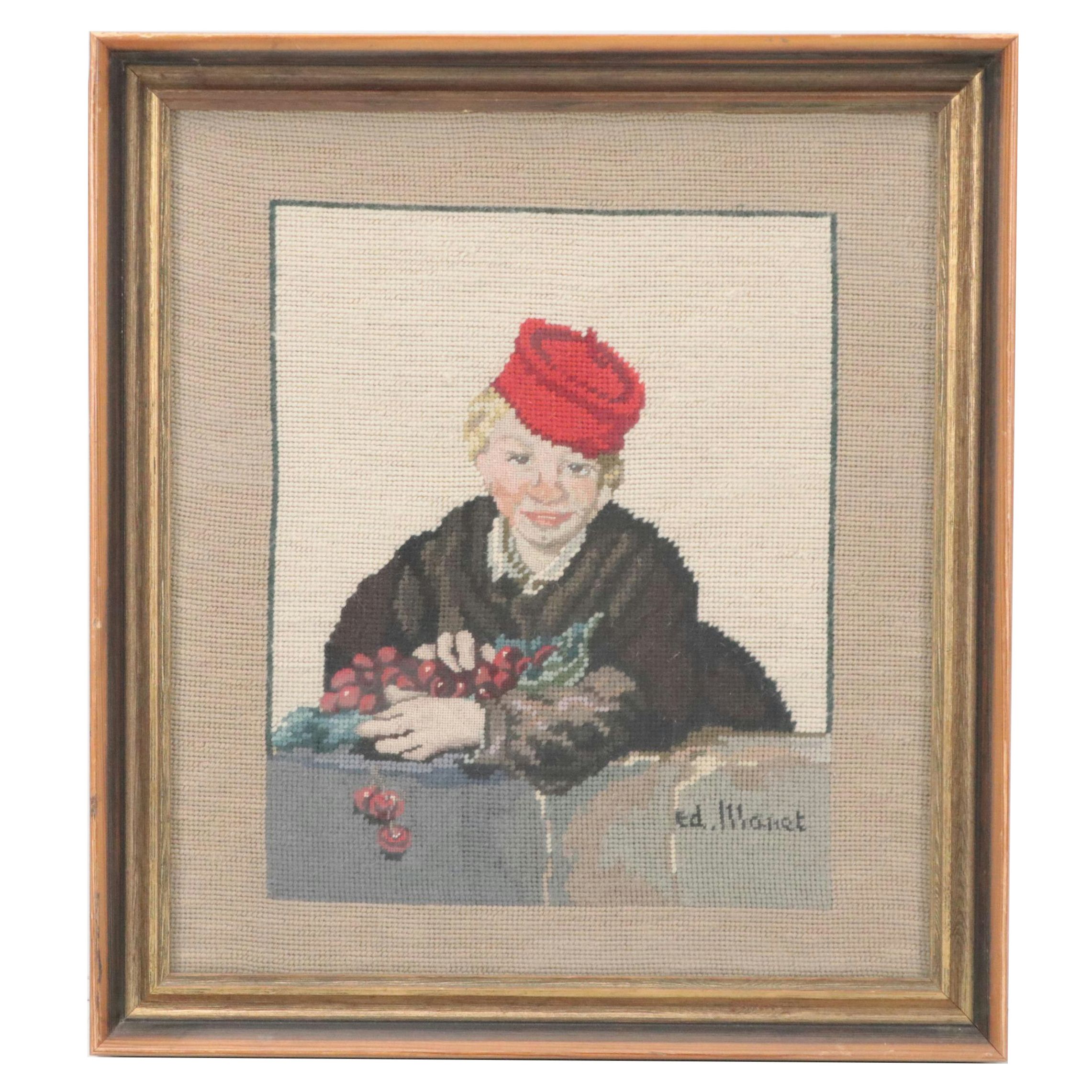 Needlepoint Wall Hanging After Édouard Manet "Manet's Boy with Cherries"