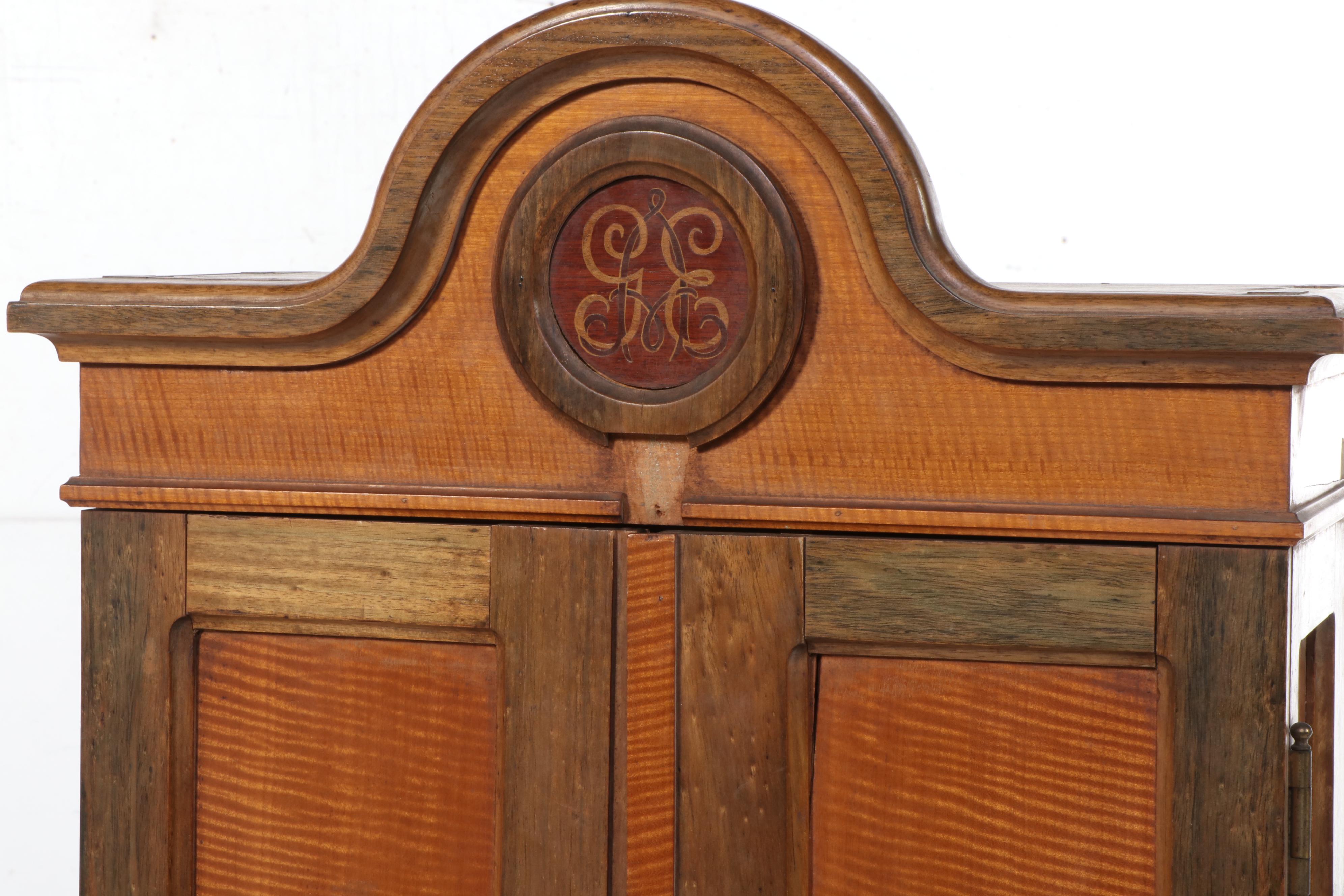 Bespoke Tiger Maple and Monogram Marquetry Humidor Cabinet, Circa 1900
