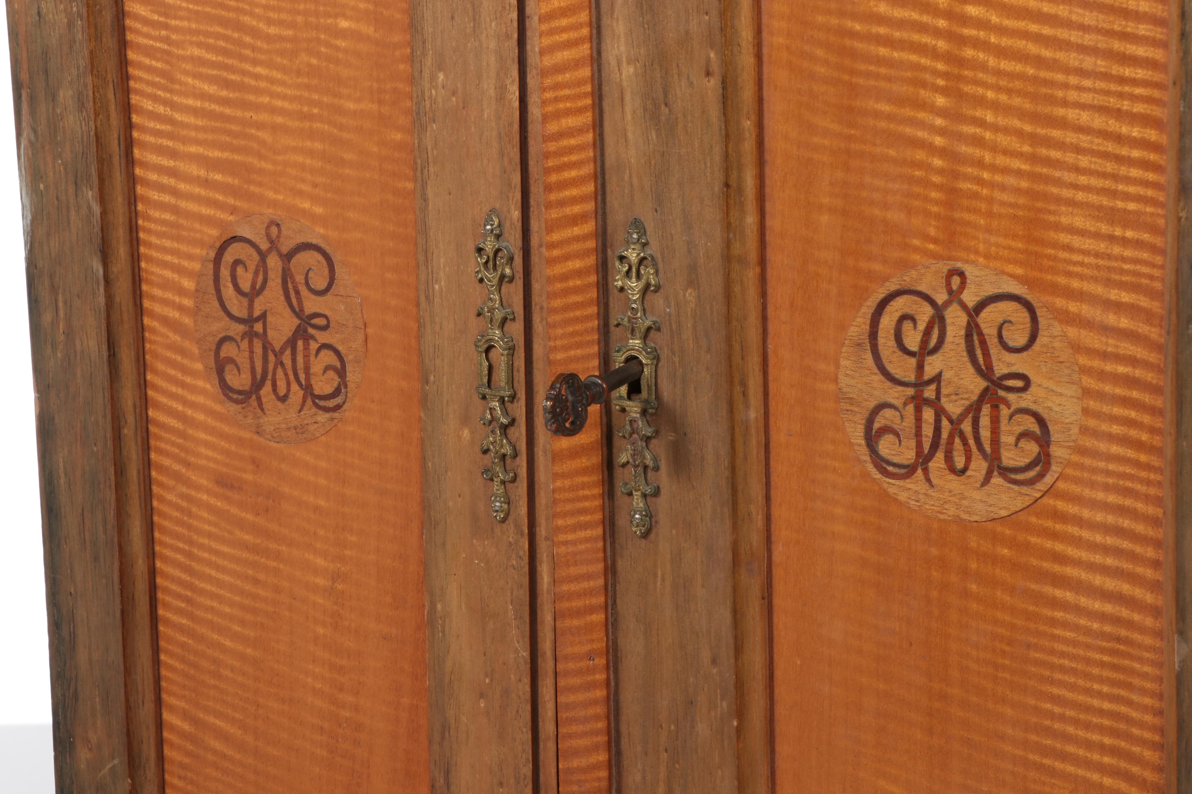 Bespoke Tiger Maple and Monogram Marquetry Humidor Cabinet, Circa 1900