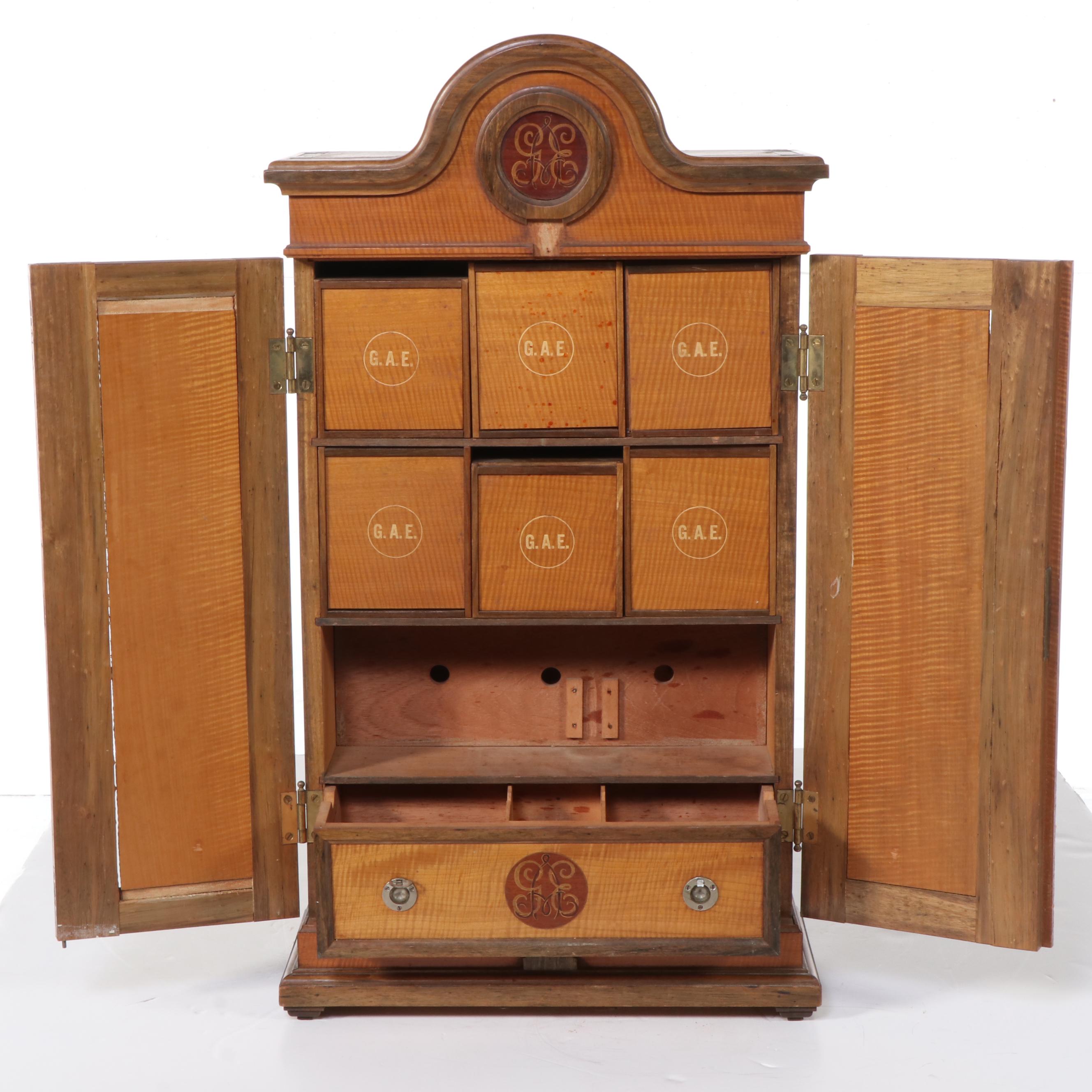 Bespoke Tiger Maple and Monogram Marquetry Humidor Cabinet, Circa 1900