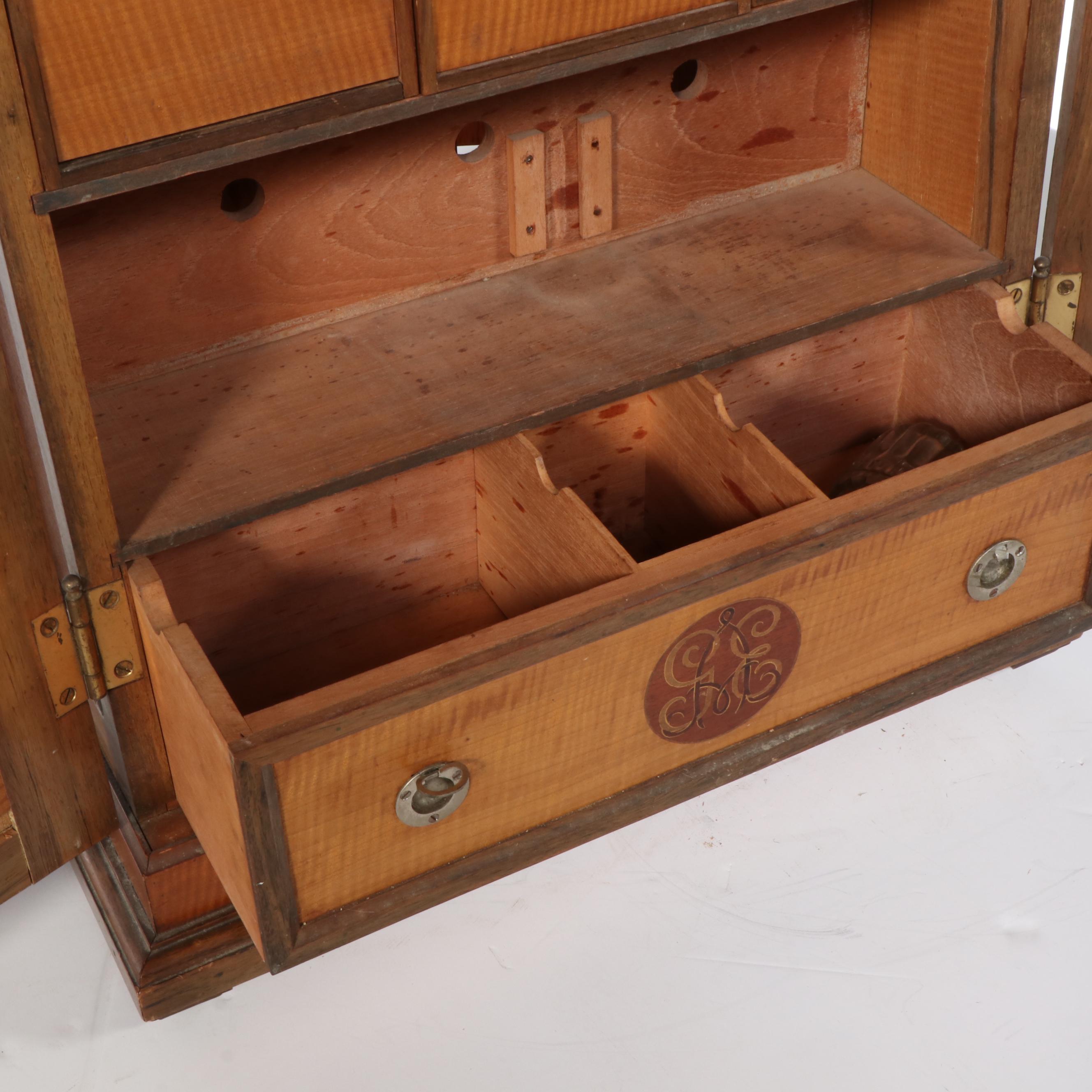 Bespoke Tiger Maple and Monogram Marquetry Humidor Cabinet, Circa 1900