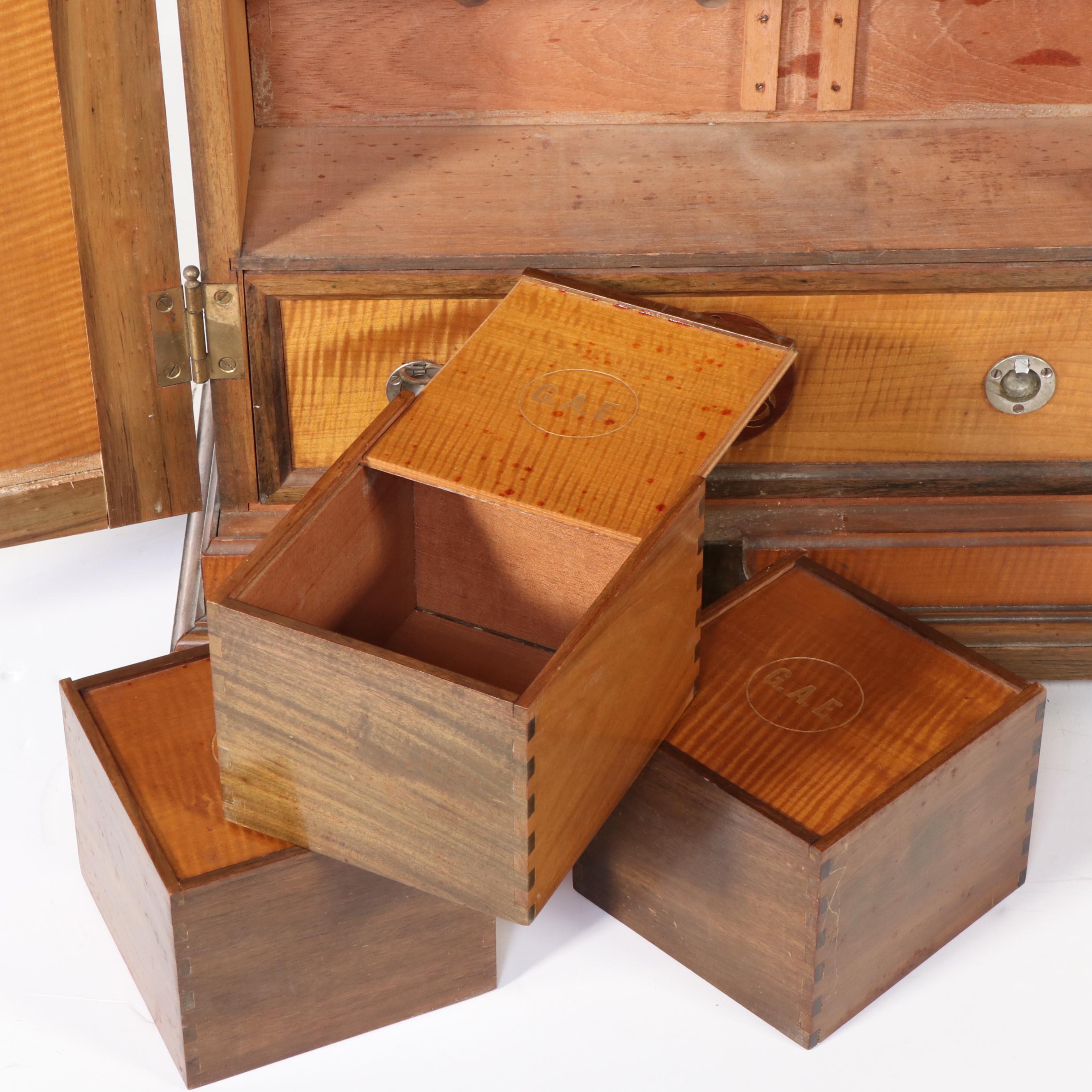 Bespoke Tiger Maple and Monogram Marquetry Humidor Cabinet, Circa 1900