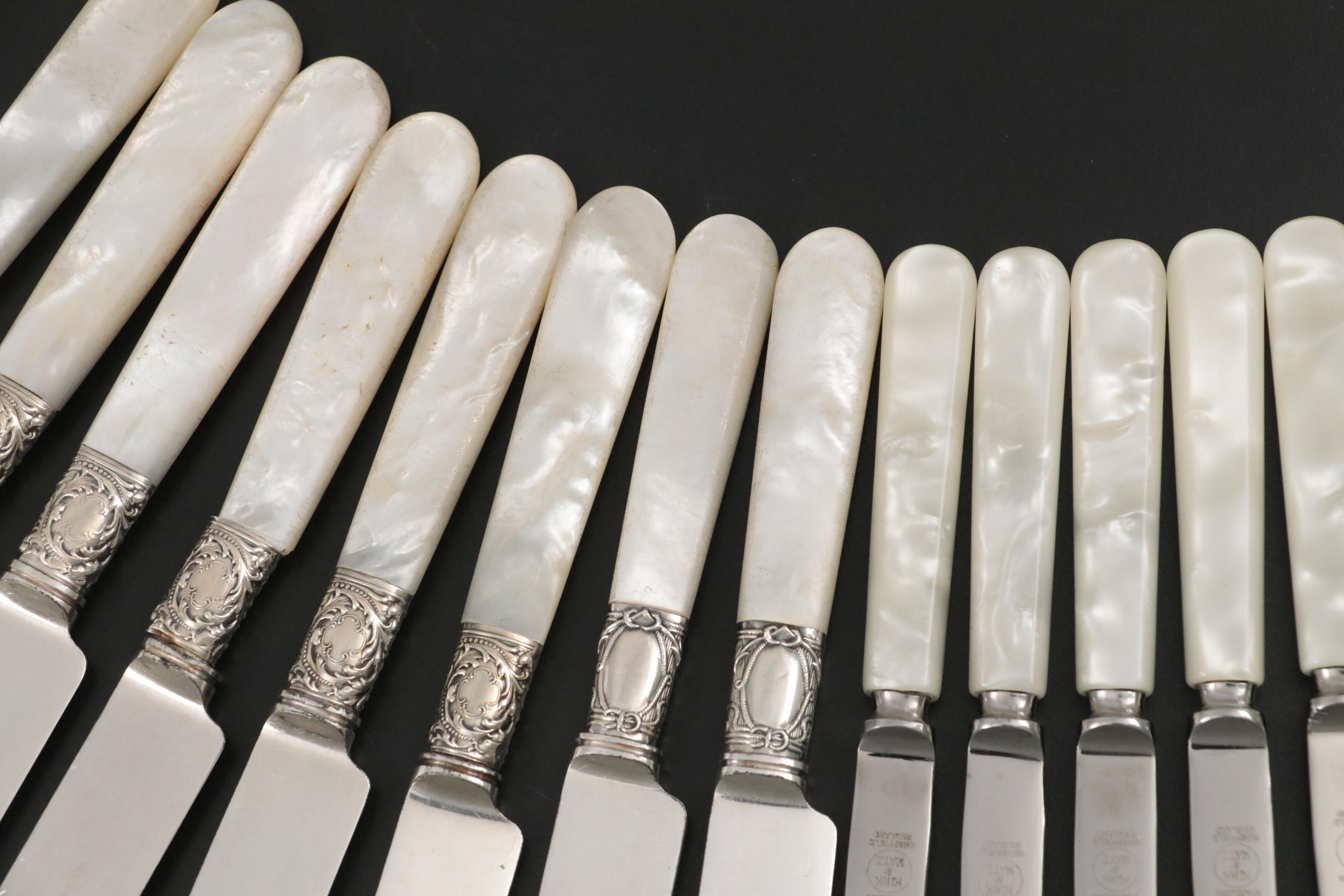 Mother-of-Pearl Handled Dinner Knives with Pearlized Handled Steak Knives