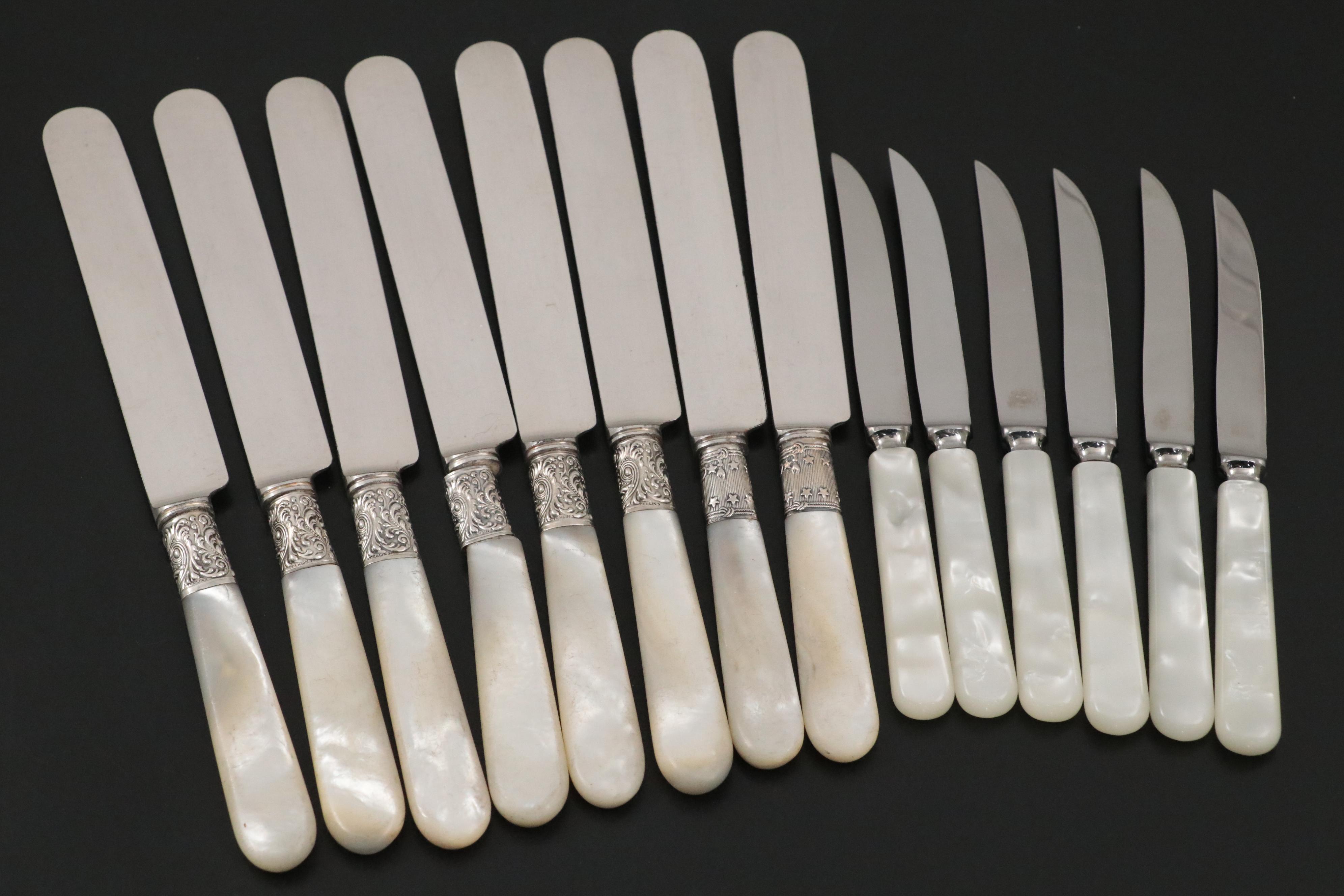 Mother-of-Pearl Handled Dinner Knives with Pearlized Handled Steak Knives
