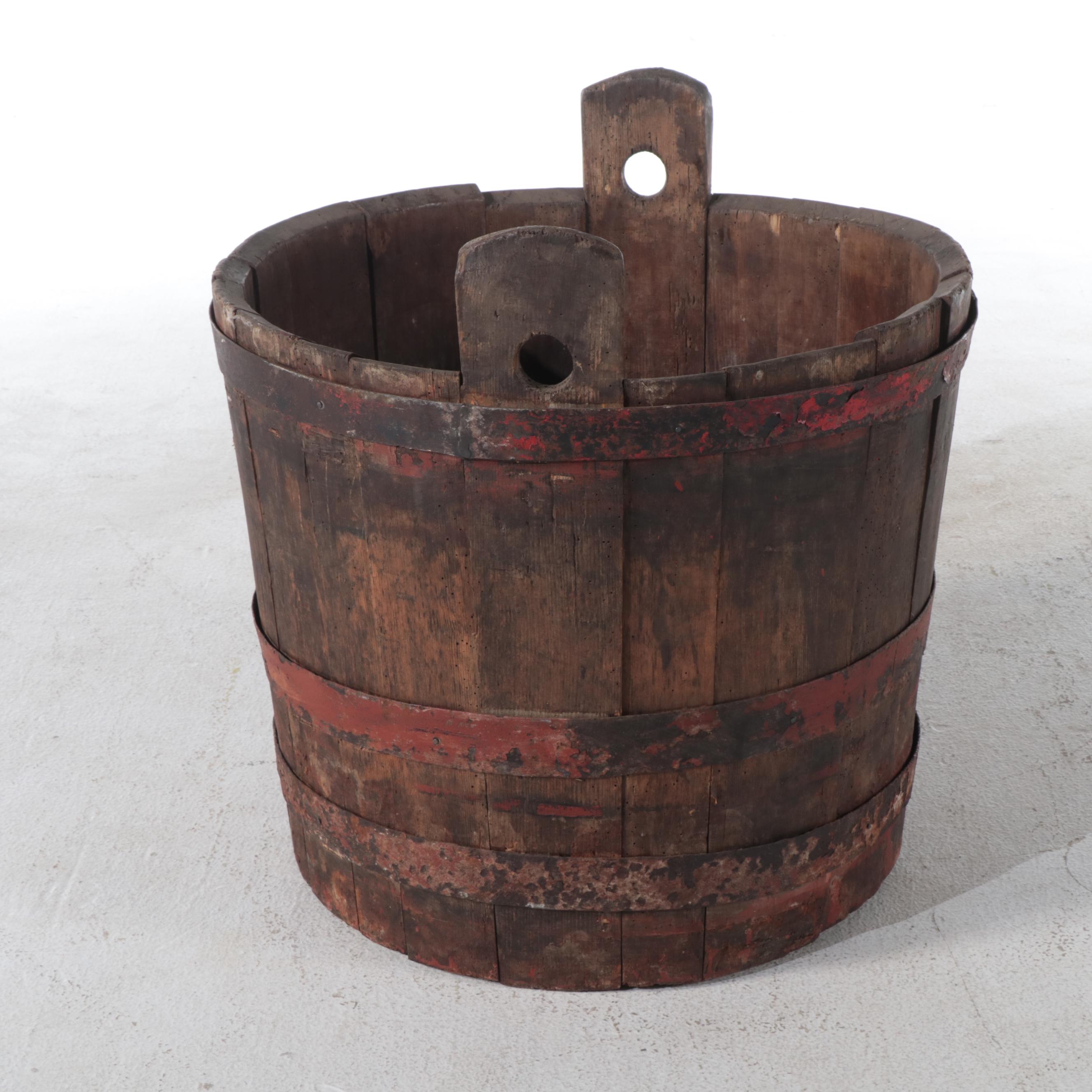 Primative Metal Banded Wood Stave Pail, 19th Century