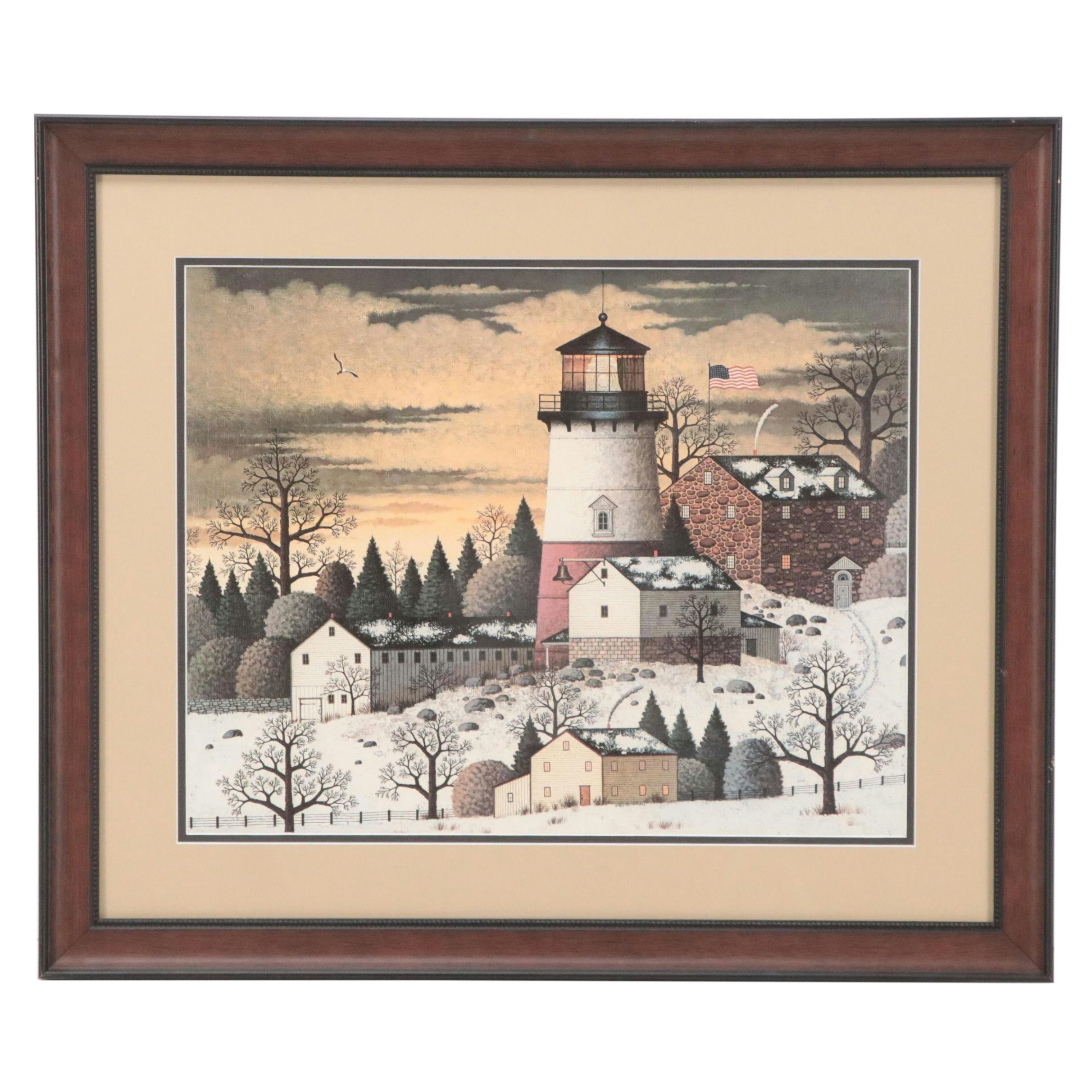 Offset Lithograph After Charles Wysocki of Lighthouse Winter Scene