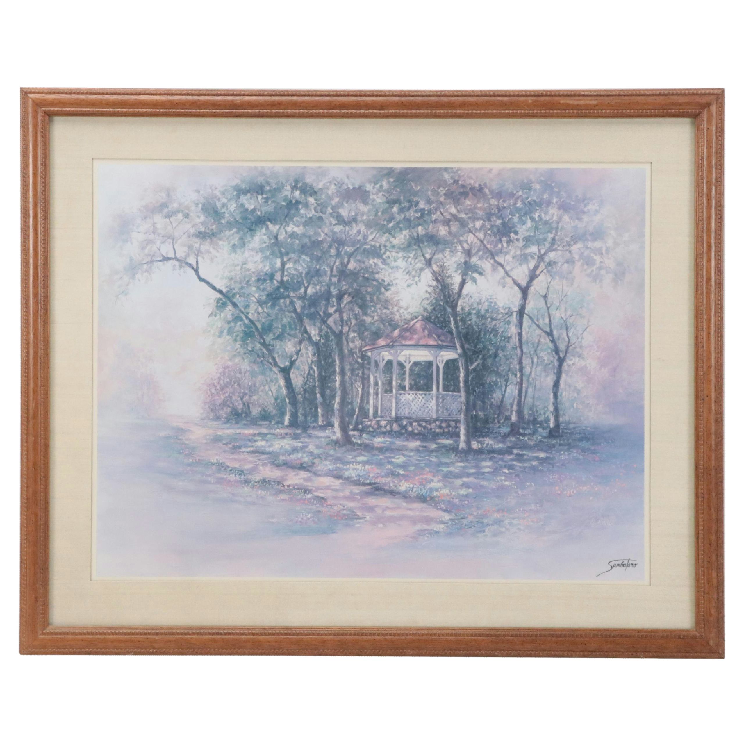 Offset Lithograph After Joe Sambataro of Park Landscape with Gazebo