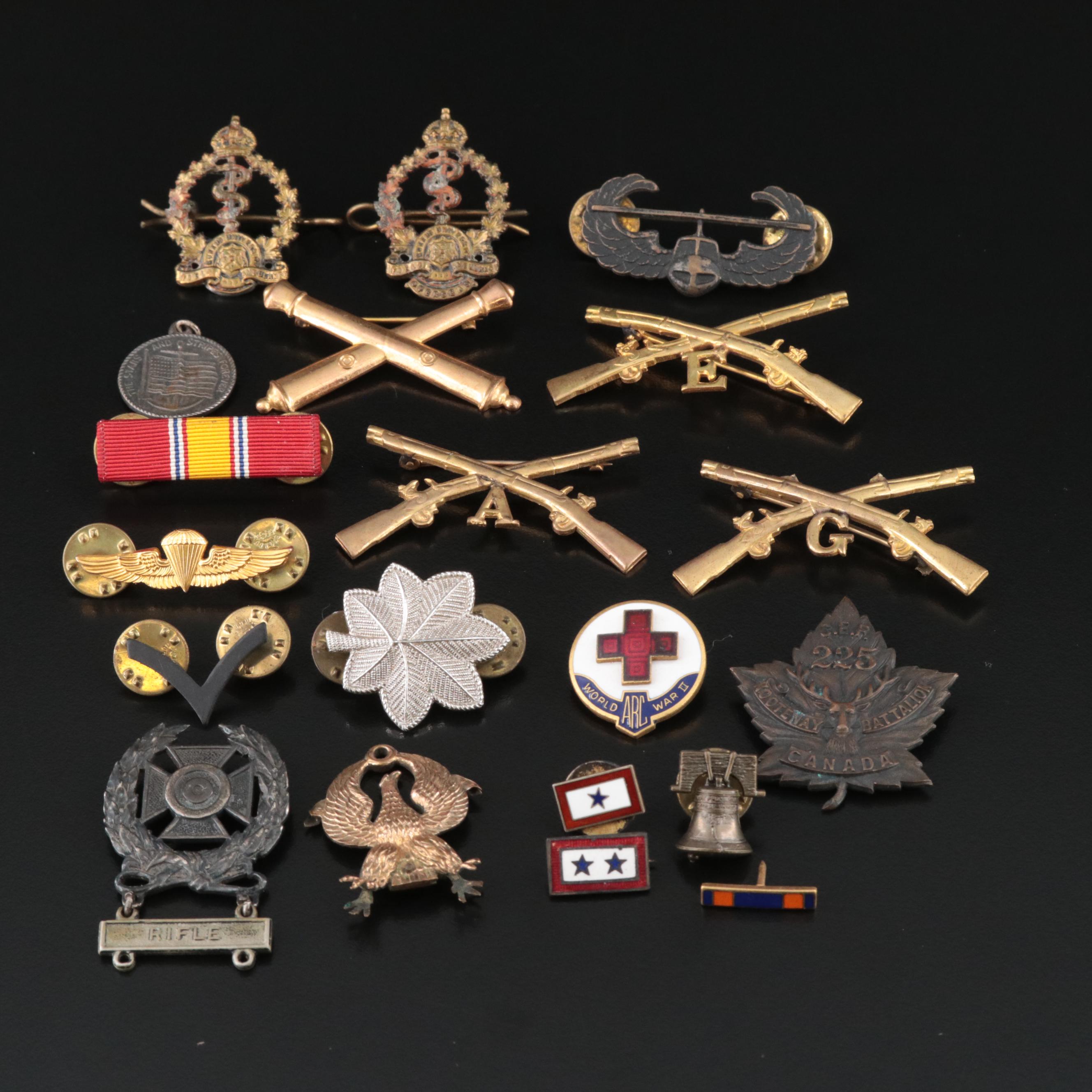 American and Canadian Military Pins Featuring Sterling Marksman Badge