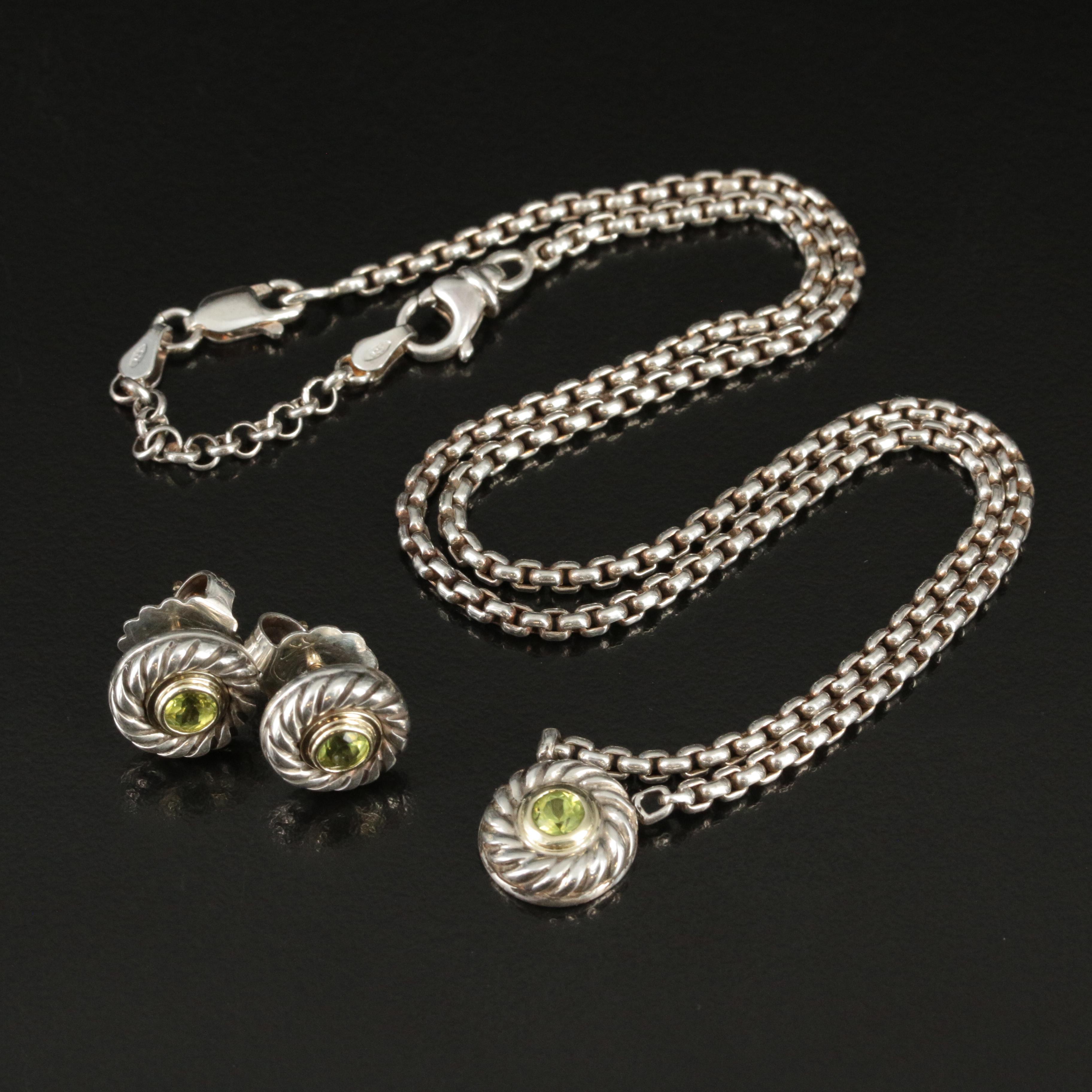 David Yurman "Cookie" Sterling  Peridot Necklace and Earrings with 14K Accents