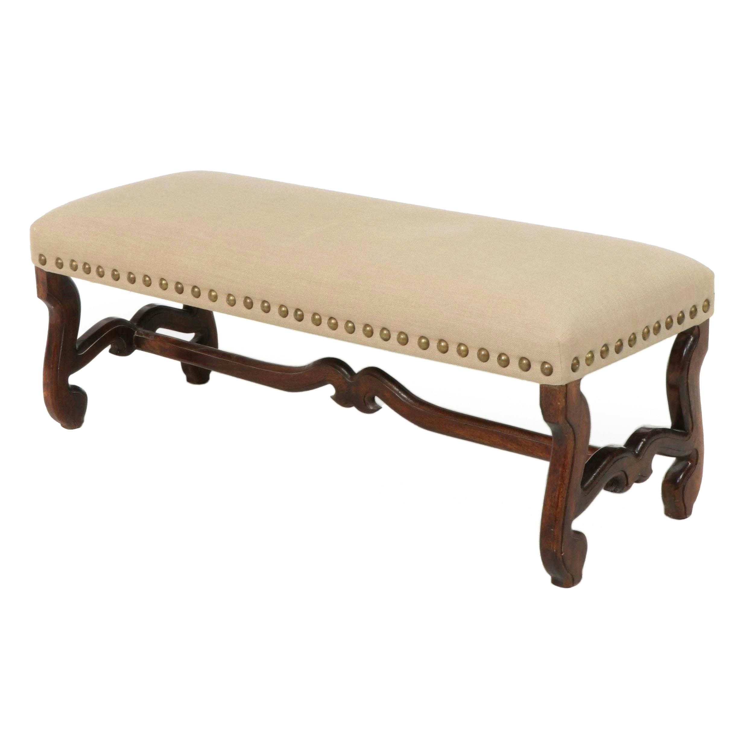Baroque Style Mahogany and Custom-Upholstered Bench with Nailheads