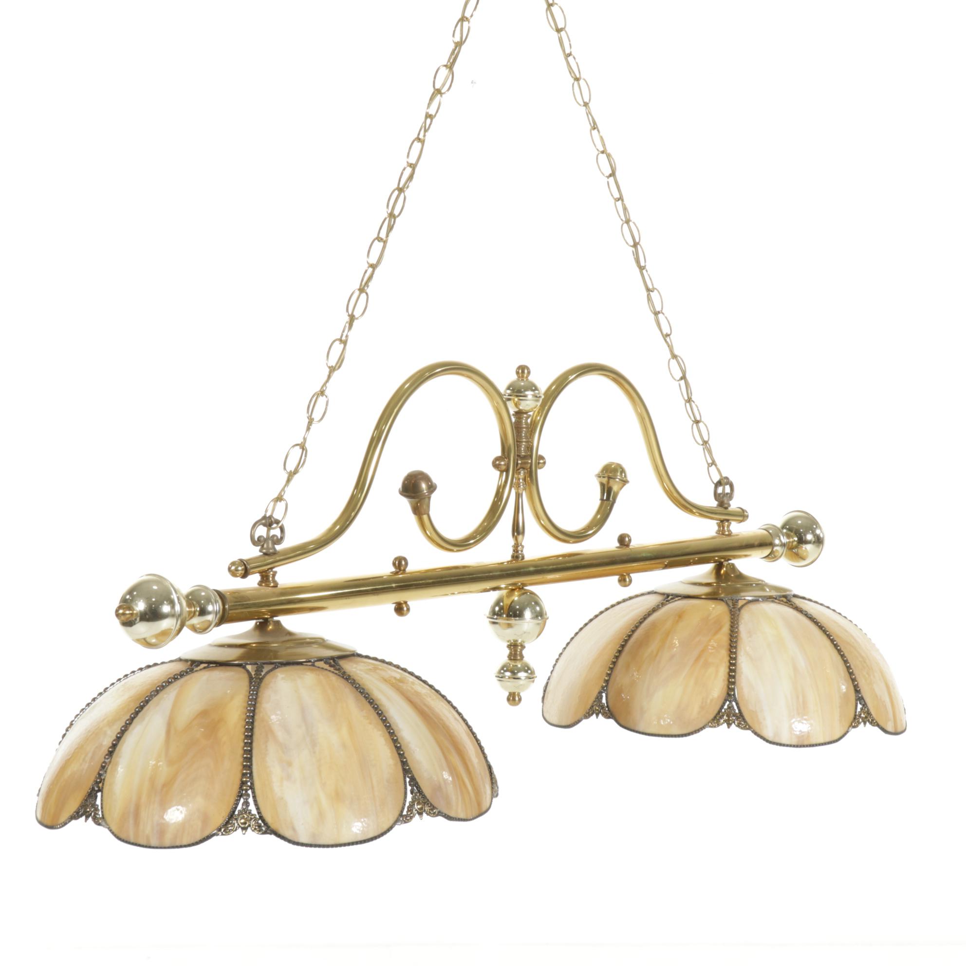 Victorian Style Brass and Slag Glass Dual-Shade Linear Pool Table Pendant Light