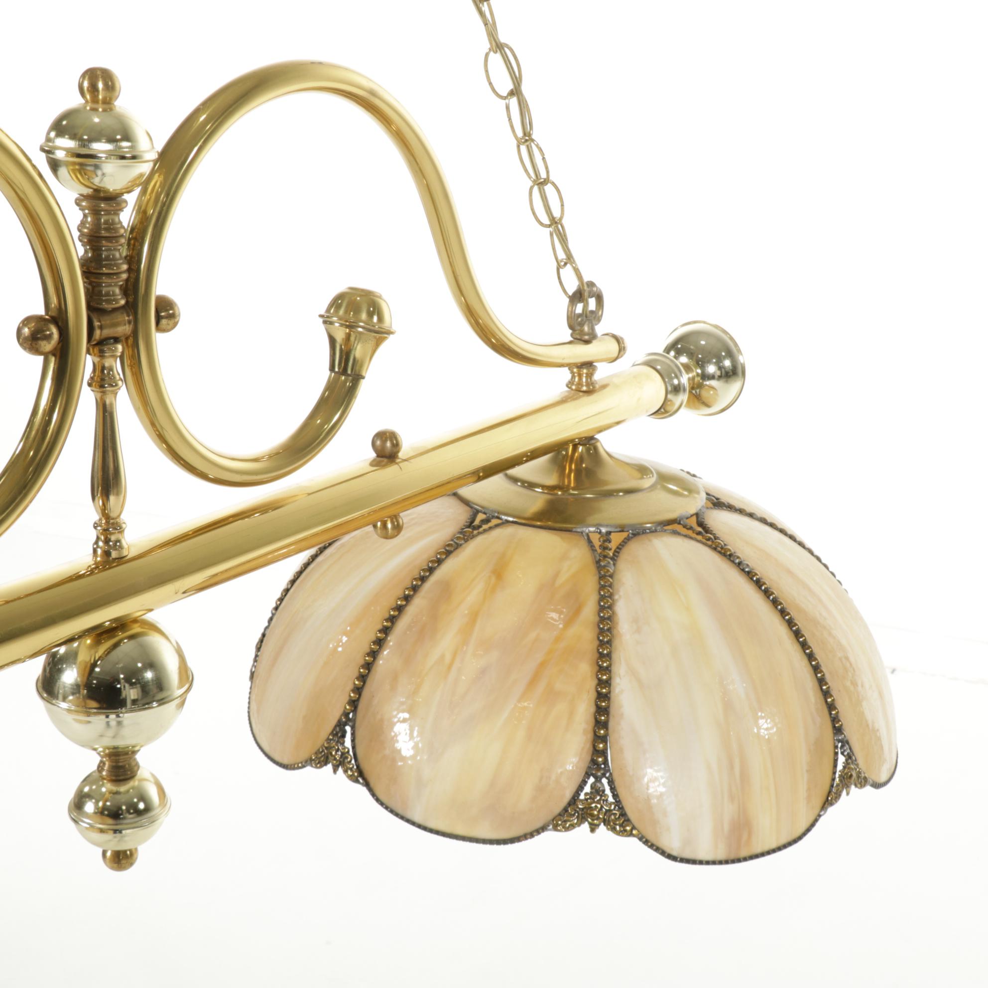 Victorian Style Brass and Slag Glass Dual-Shade Linear Pool Table Pendant Light