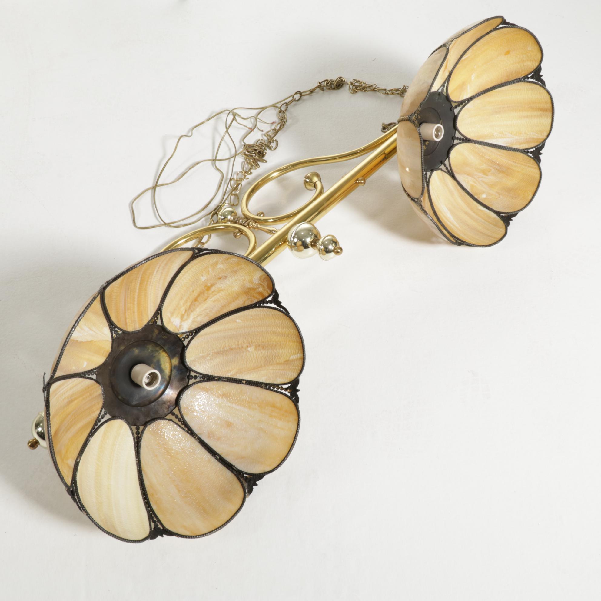 Victorian Style Brass and Slag Glass Dual-Shade Linear Pool Table Pendant Light