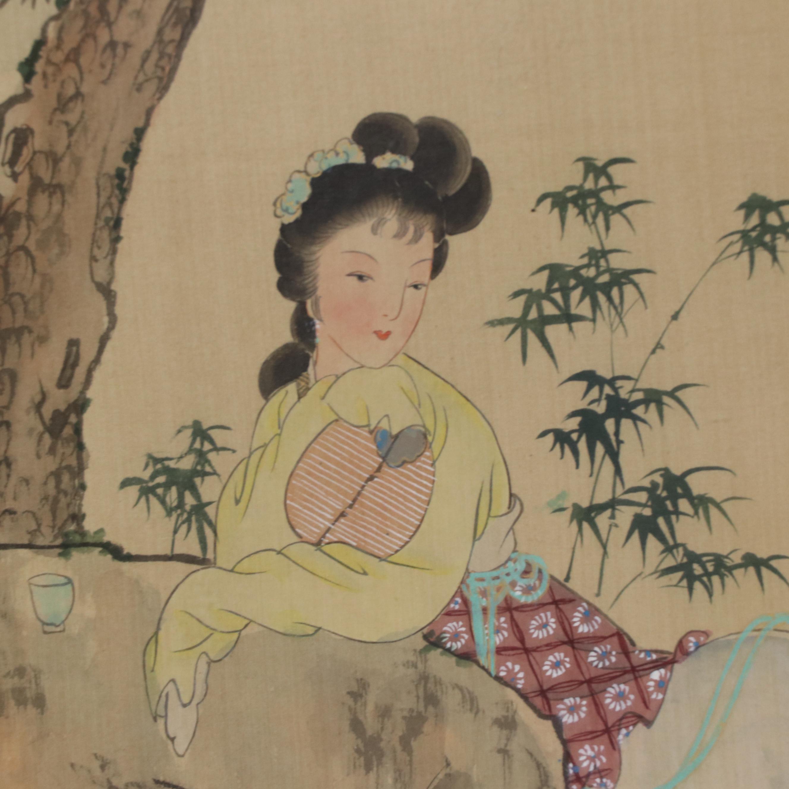 Japanese Gouache Painting of a Female Figure Under a Tree, 20th Century