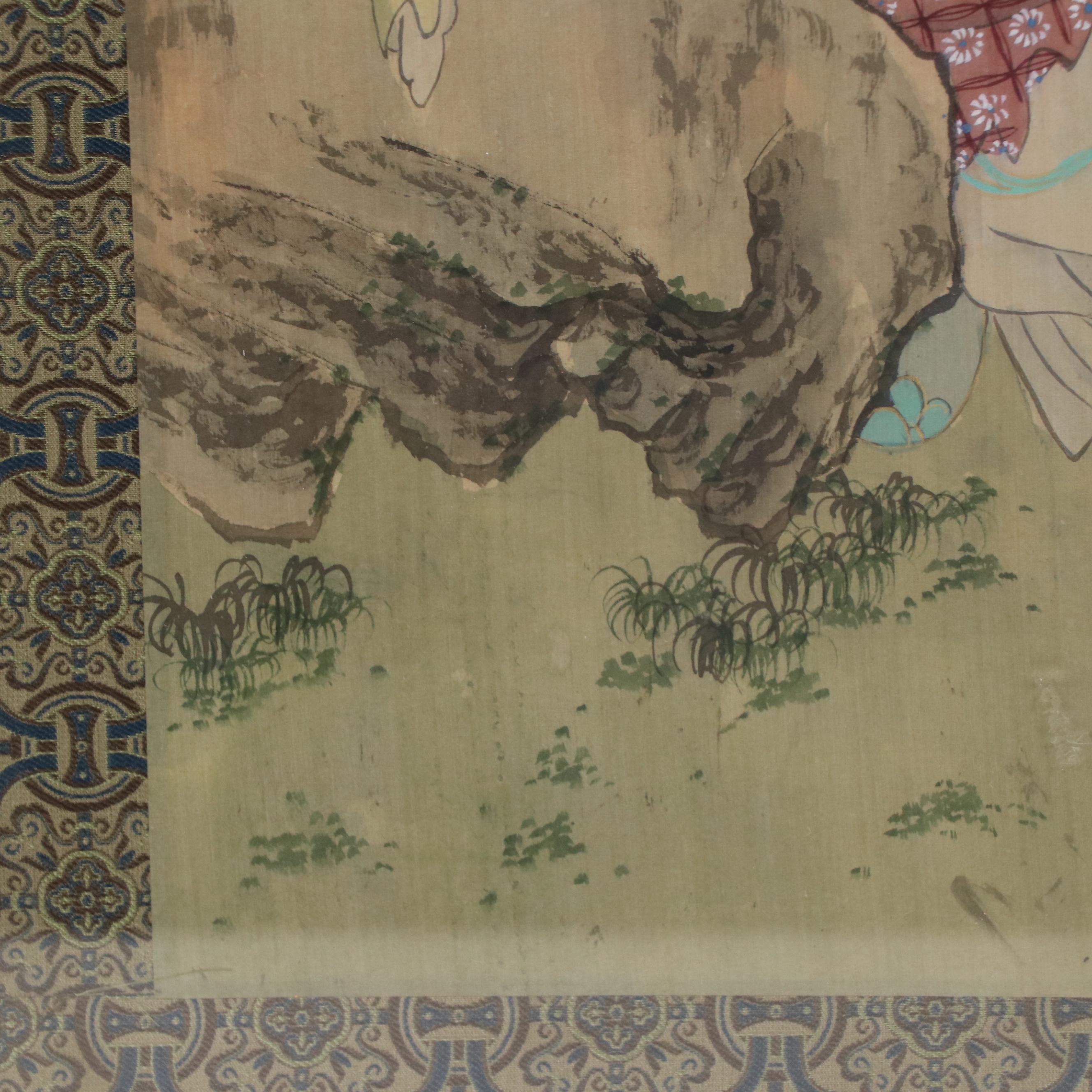 Japanese Gouache Painting of a Female Figure Under a Tree, 20th Century