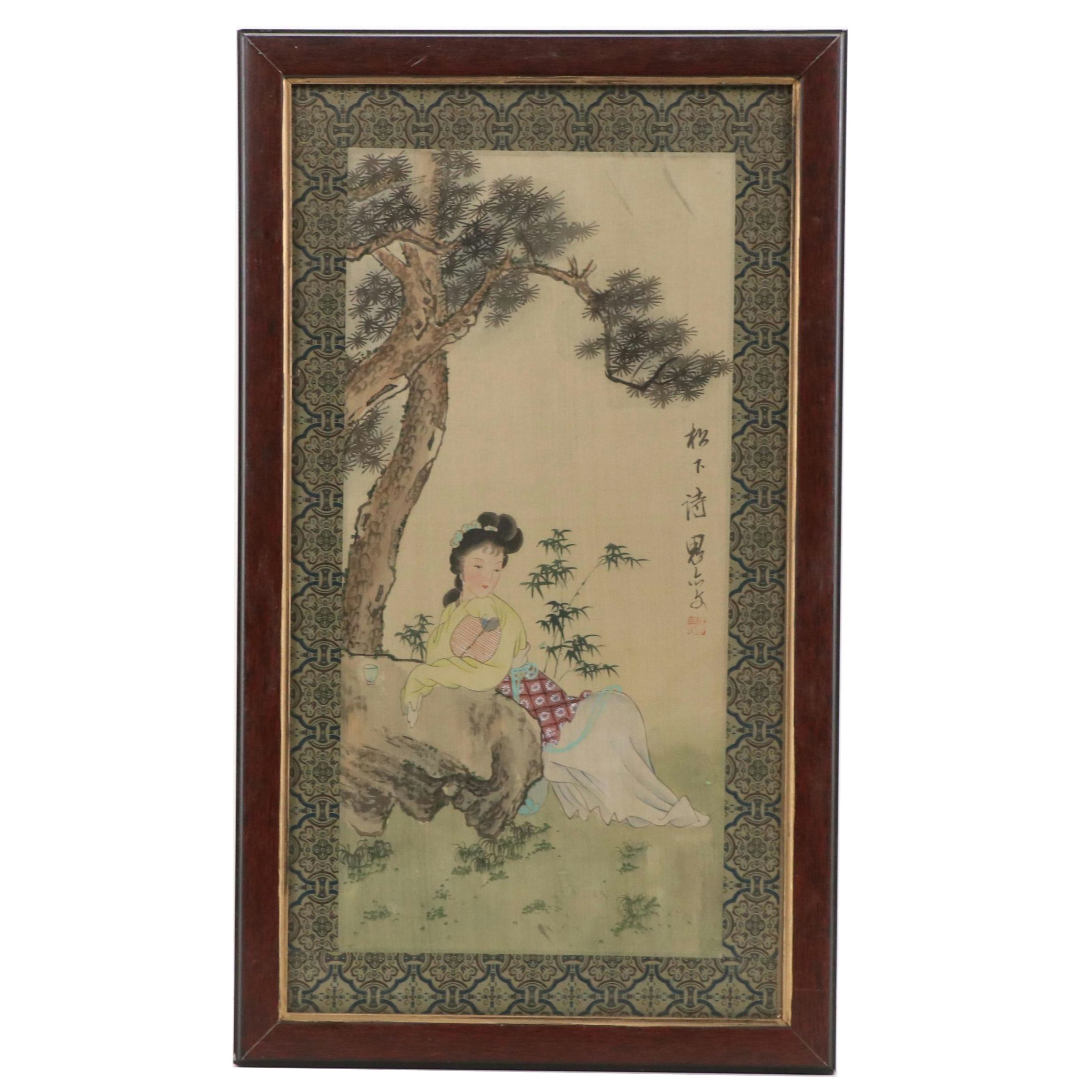 Japanese Gouache Painting of a Female Figure Under a Tree, 20th Century