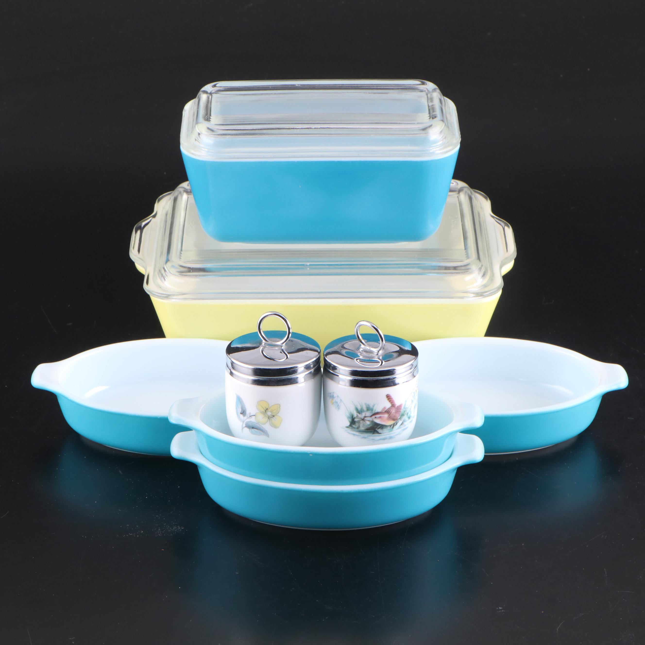 Pyrex Glass Casserole Dishes with Floral Motif Ceramic Spice Canisters and More