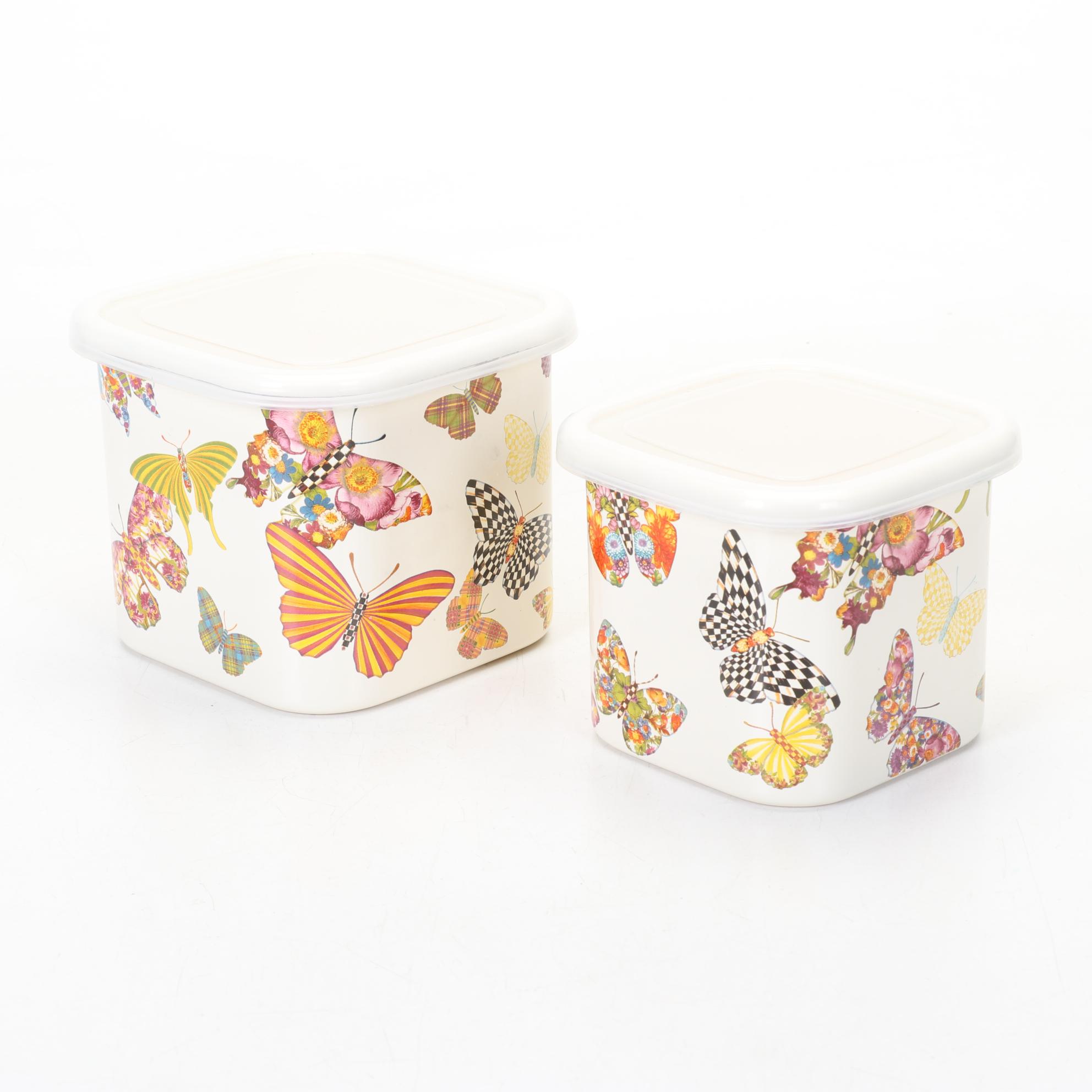 Two MacKenzie-Childs "Butterfly Garden" Metal Storage Containers with Lids