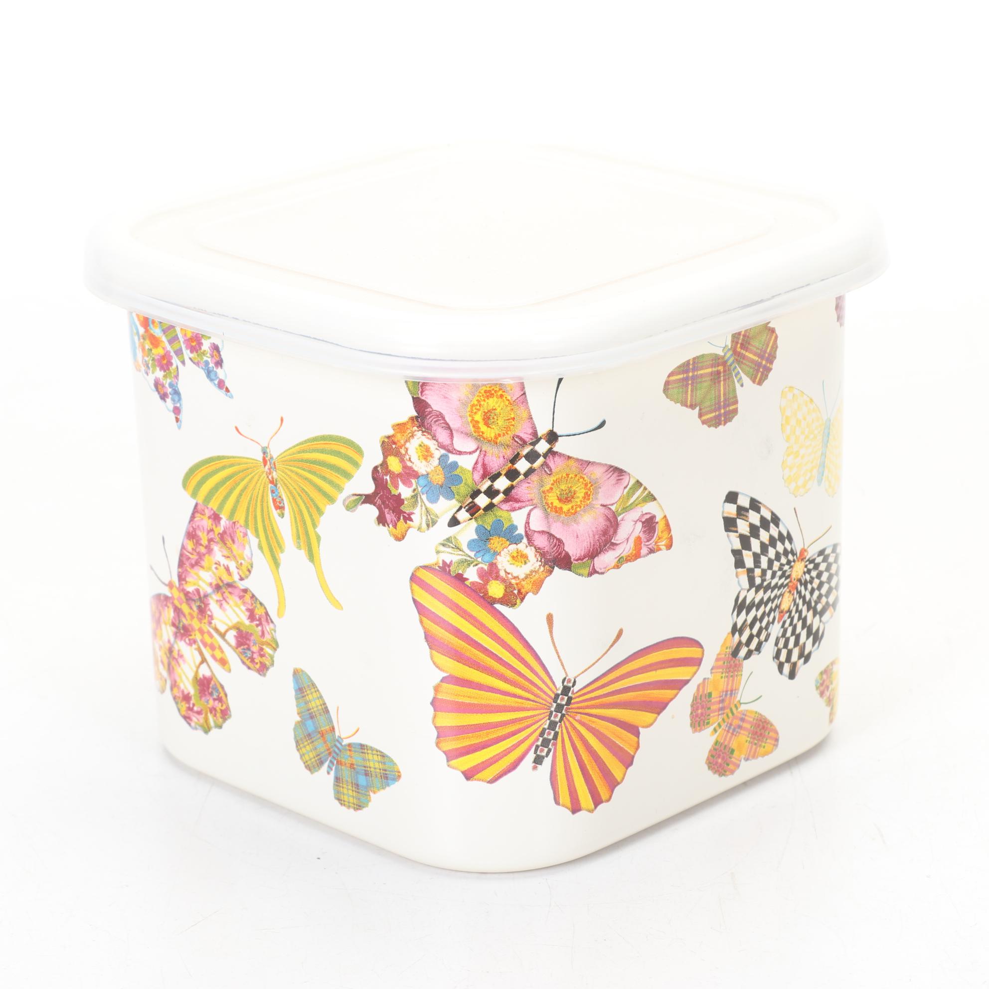 Two MacKenzie-Childs "Butterfly Garden" Metal Storage Containers with Lids