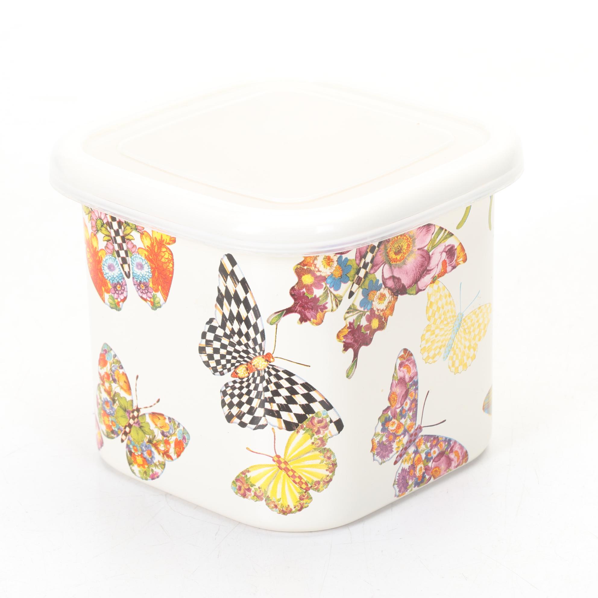 Two MacKenzie-Childs "Butterfly Garden" Metal Storage Containers with Lids